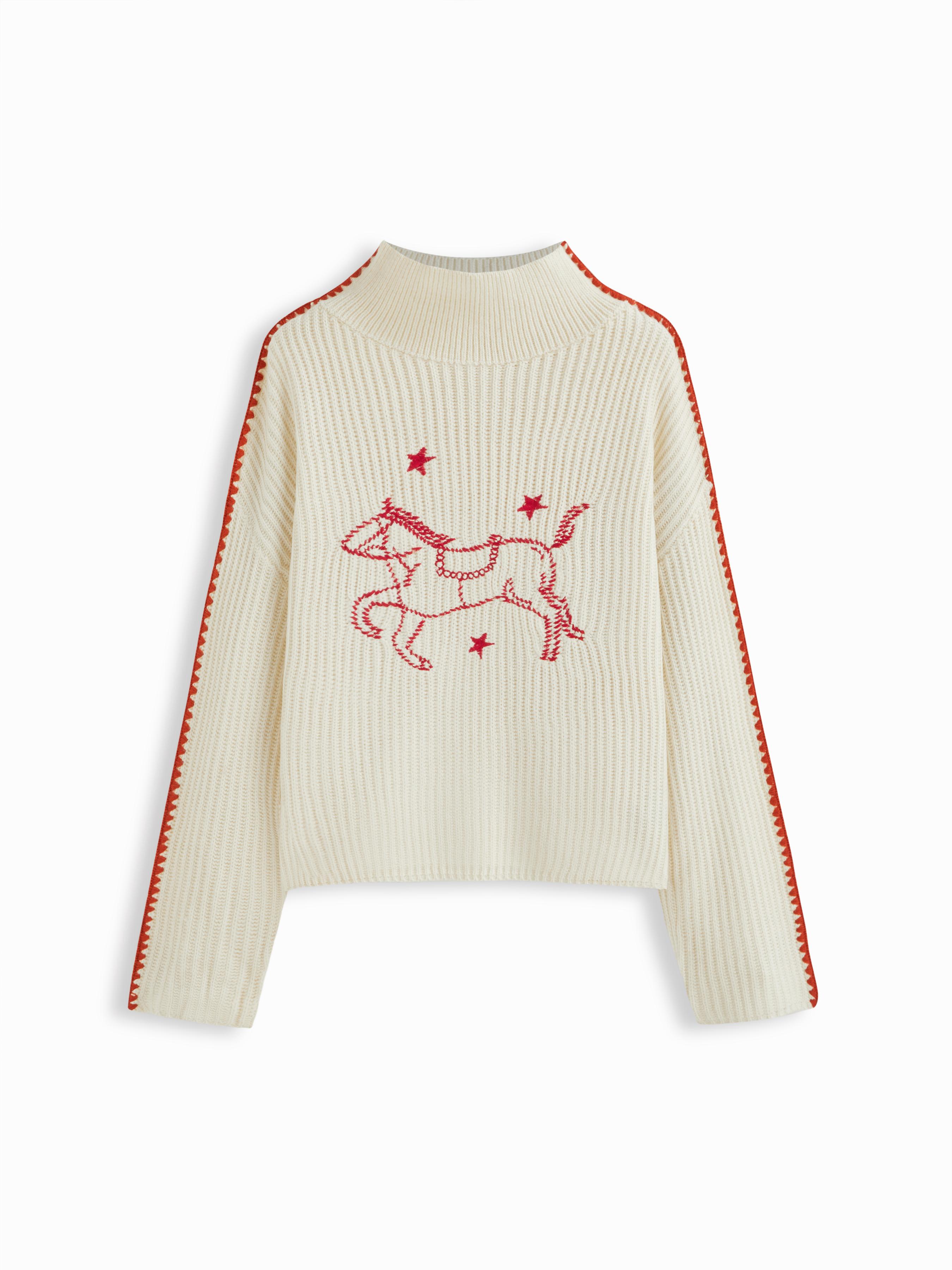 Knit High Neck Horse Embroidery Stitch Oversized Sweater by CIDER