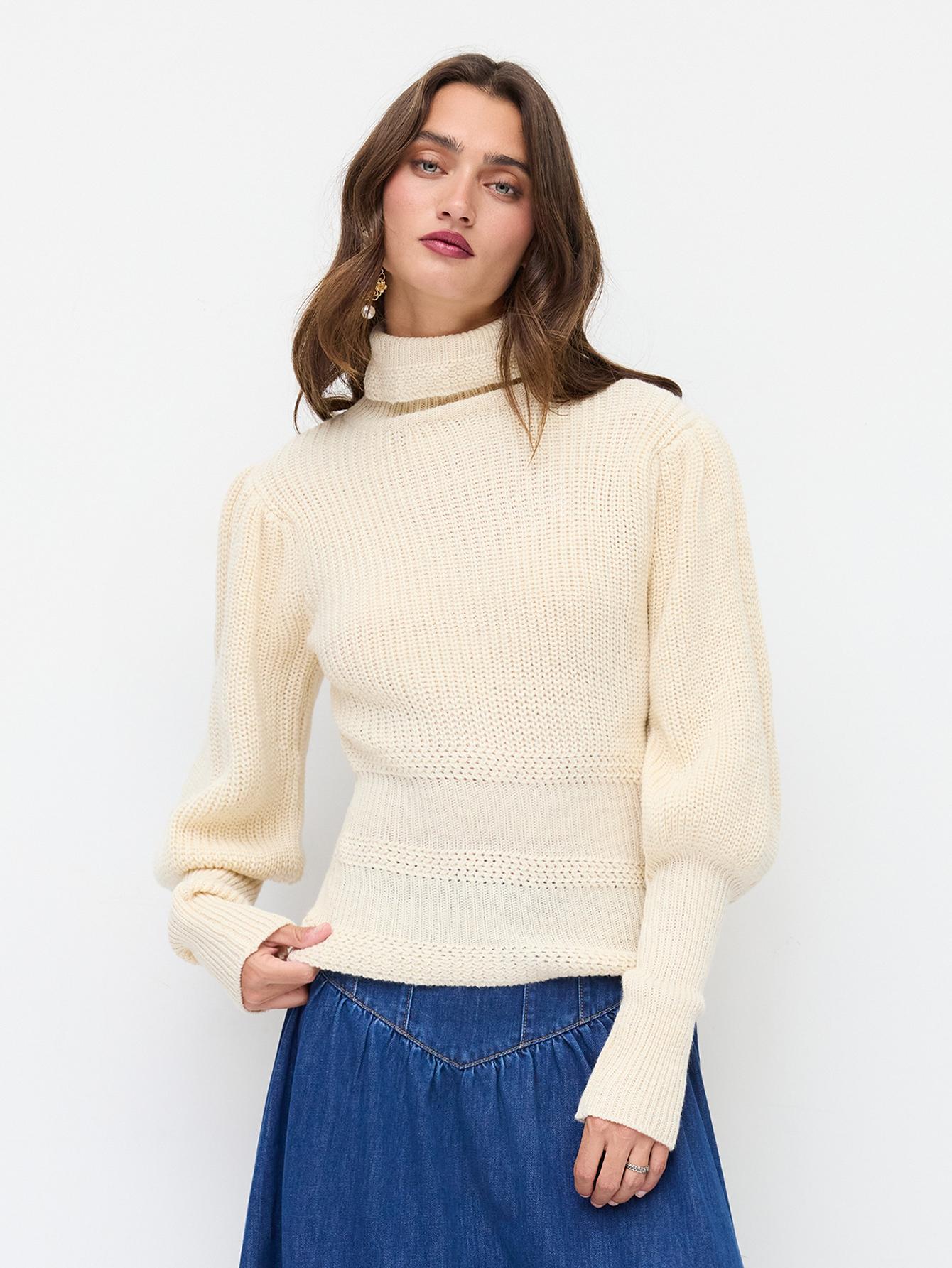 Knit High Neck Lantern Long Sleeve Cinched Waist Top by CIDER Knit High Neck Lantern Long Sleeve Cinched Waist Top by CIDER