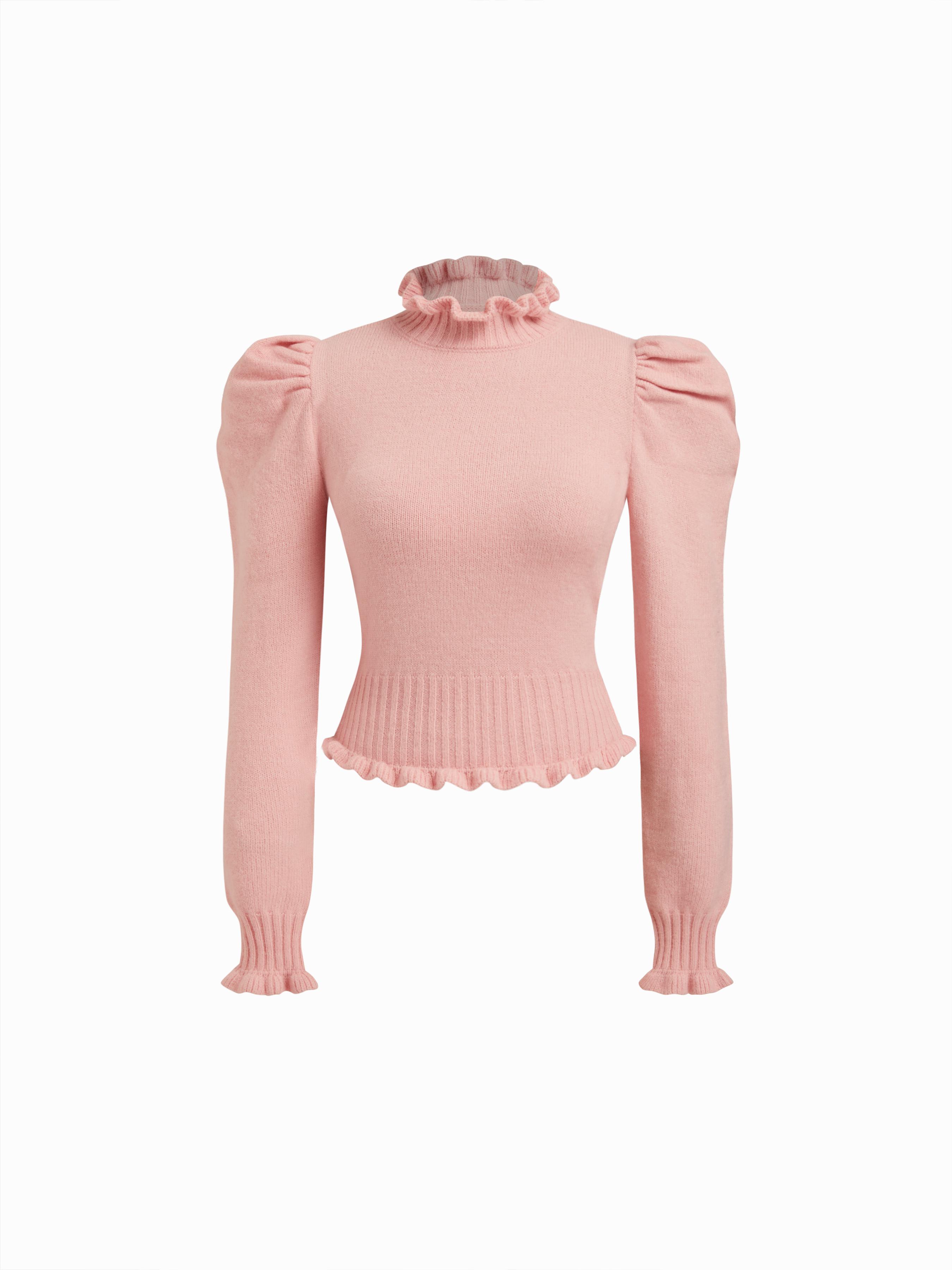 Knit High Neck Puff Sleeve Lettuce Trim Top by CIDER