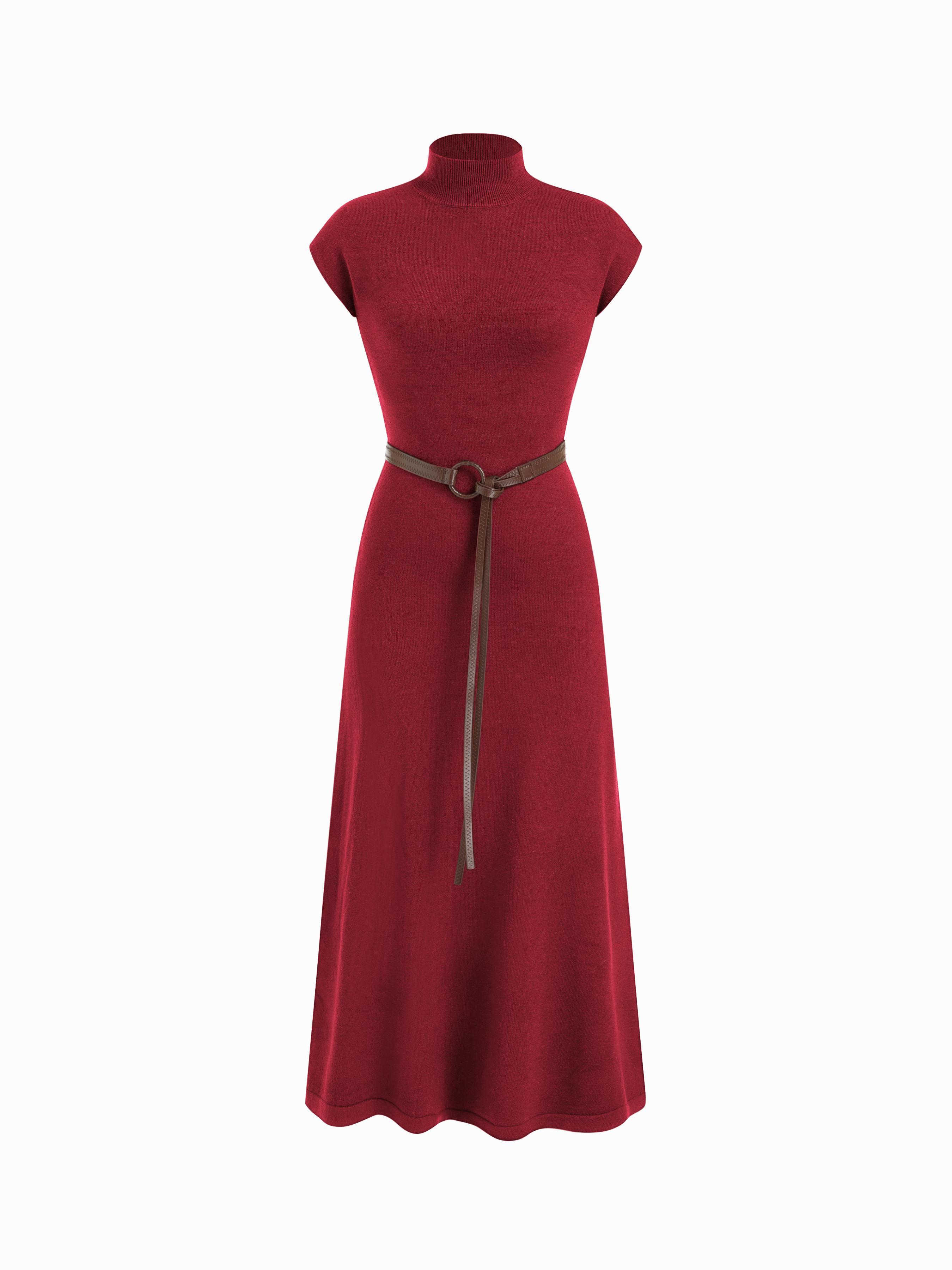 Knit High Neck Sleeve A-line Maxi Dress With Belt by CIDER