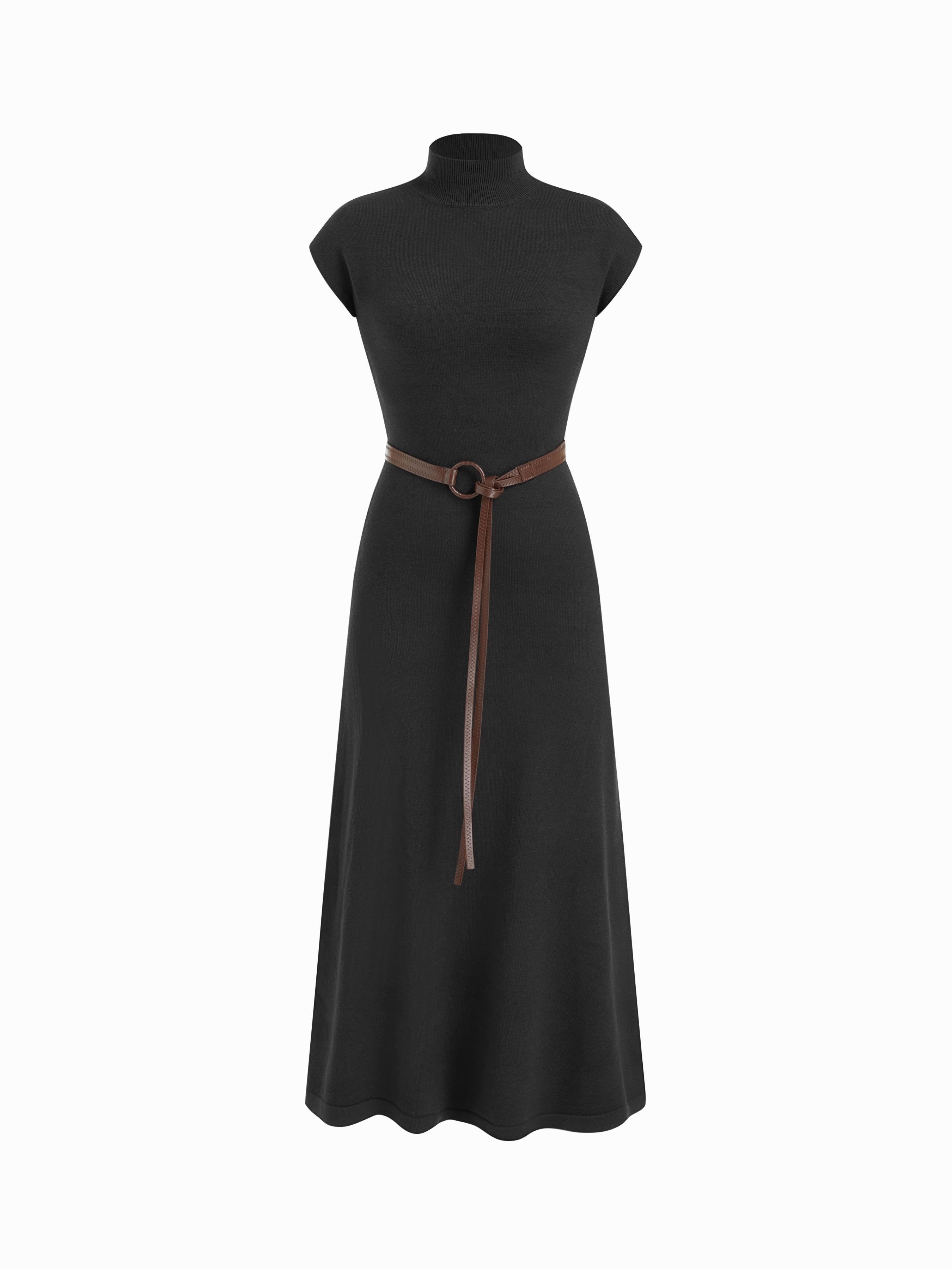 Knit High Neck Sleeve A-line Maxi Dress With Belt by CIDER