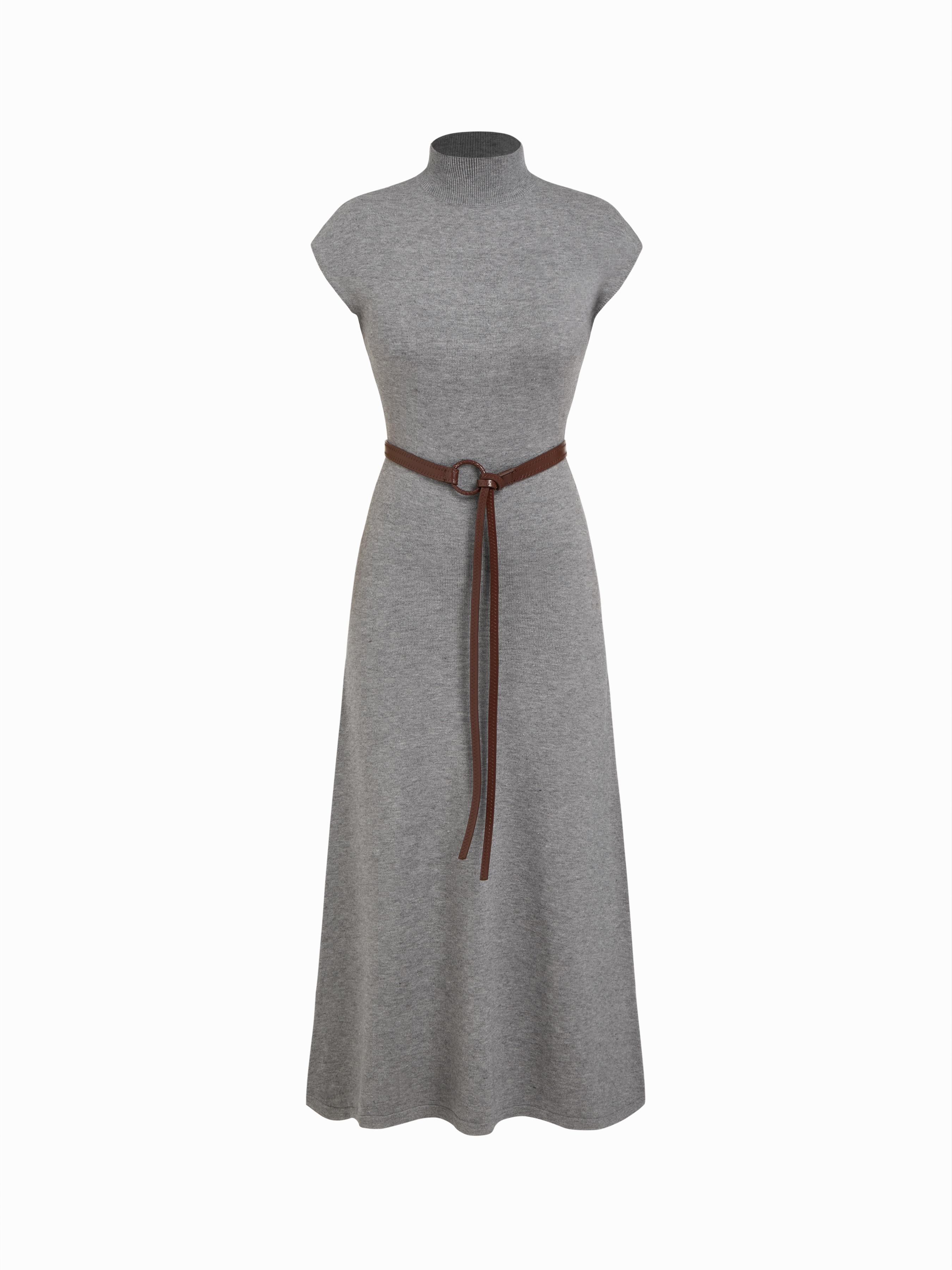 Knit High Neck Sleeve A-line Maxi Dress With Belt by CIDER