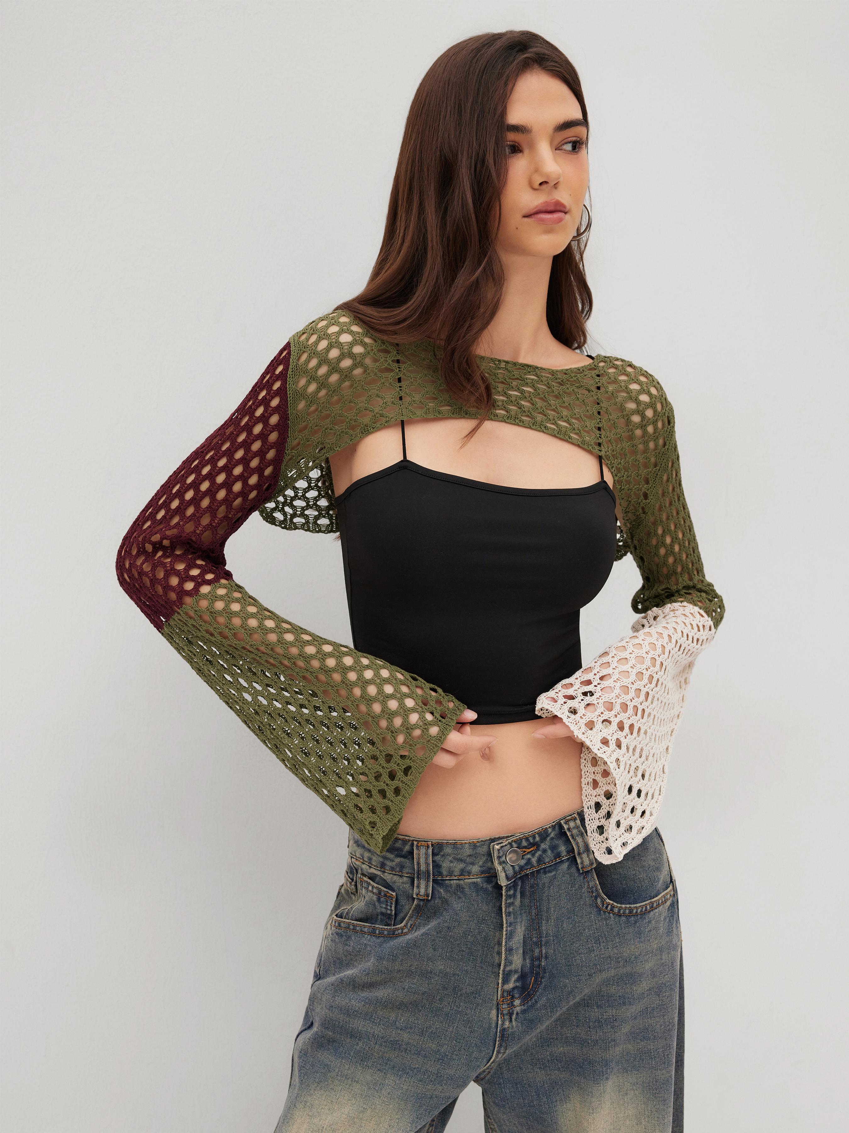 Knit Hollow Out Colorblock Crop Shrug by CIDER