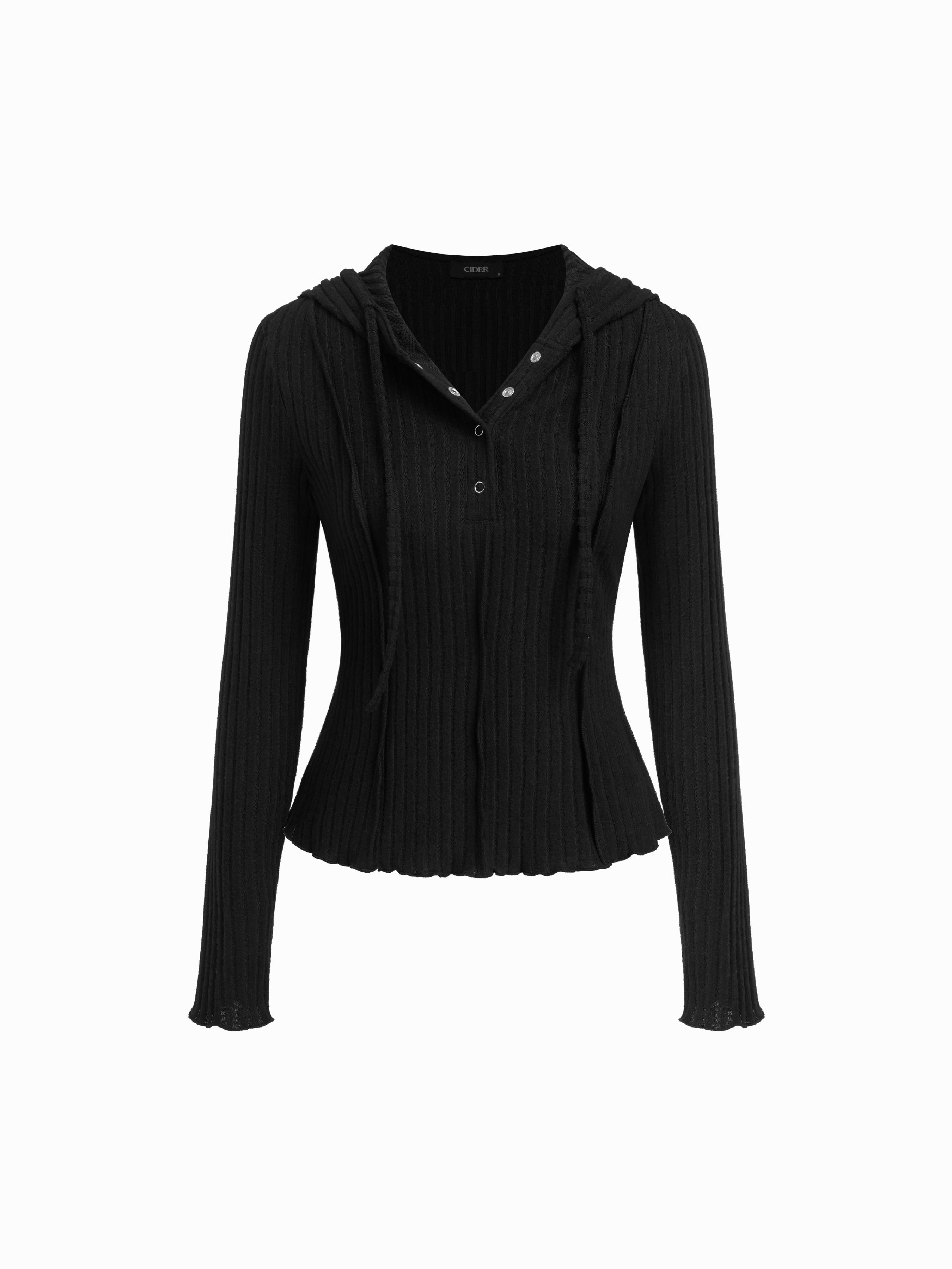 Knit Hooded Drawstring Cinched Waist Long Sleeve Top by CIDER