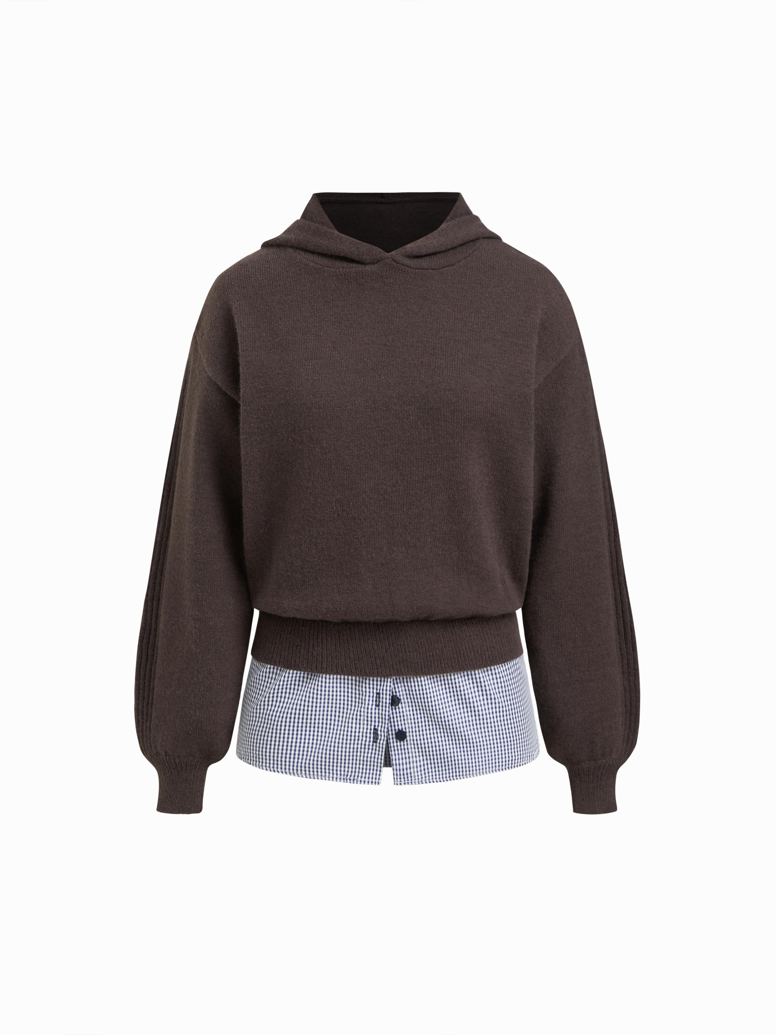 Knit Hooded Gingham Patched Oversized Hoodie by CIDER