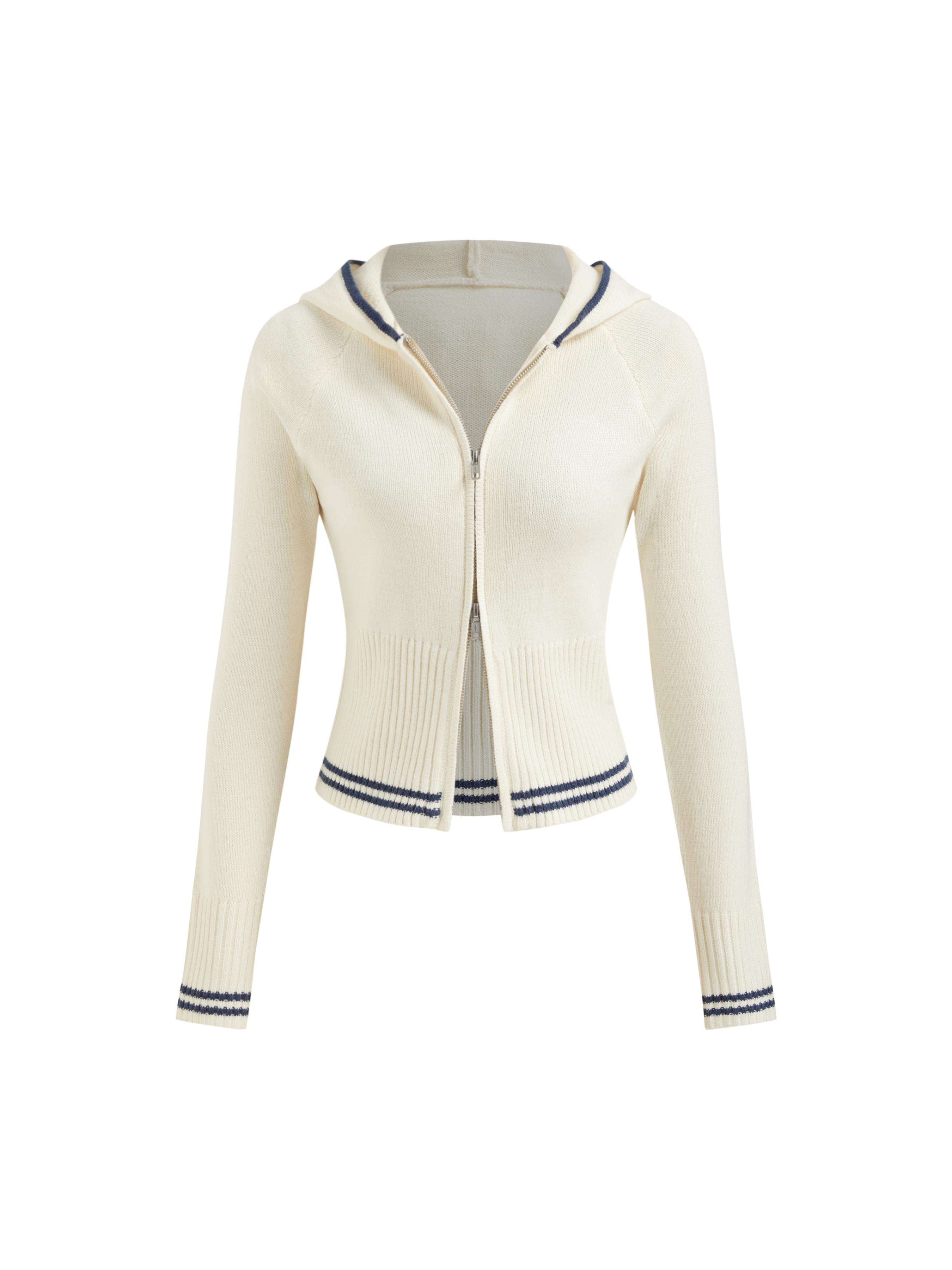 Knit Hooded Long Sleeve Contrasting Binding Zip Through Cardigan by CIDER