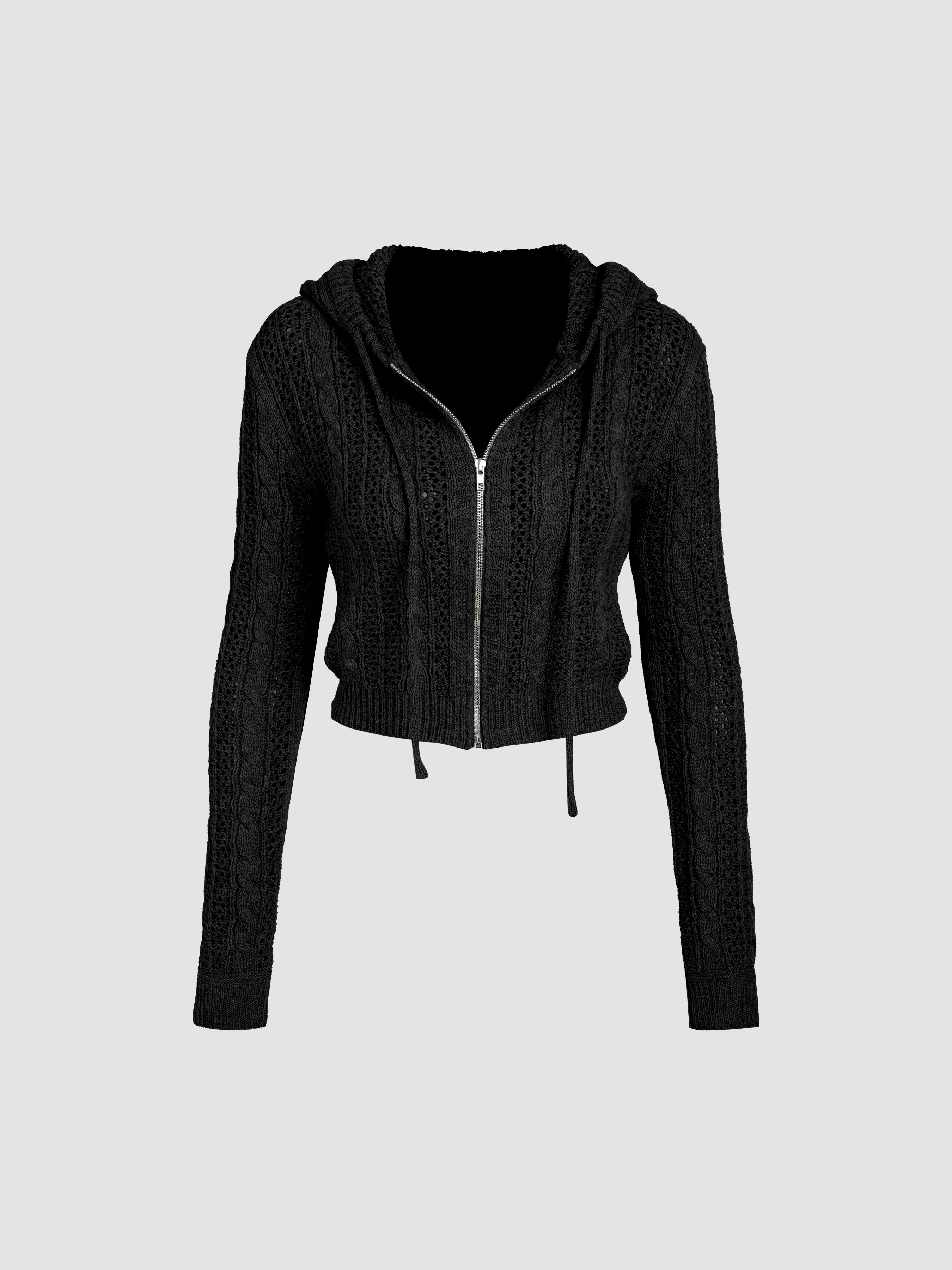 Knit Hooded Zipper Hollow Out Cardigan by CIDER