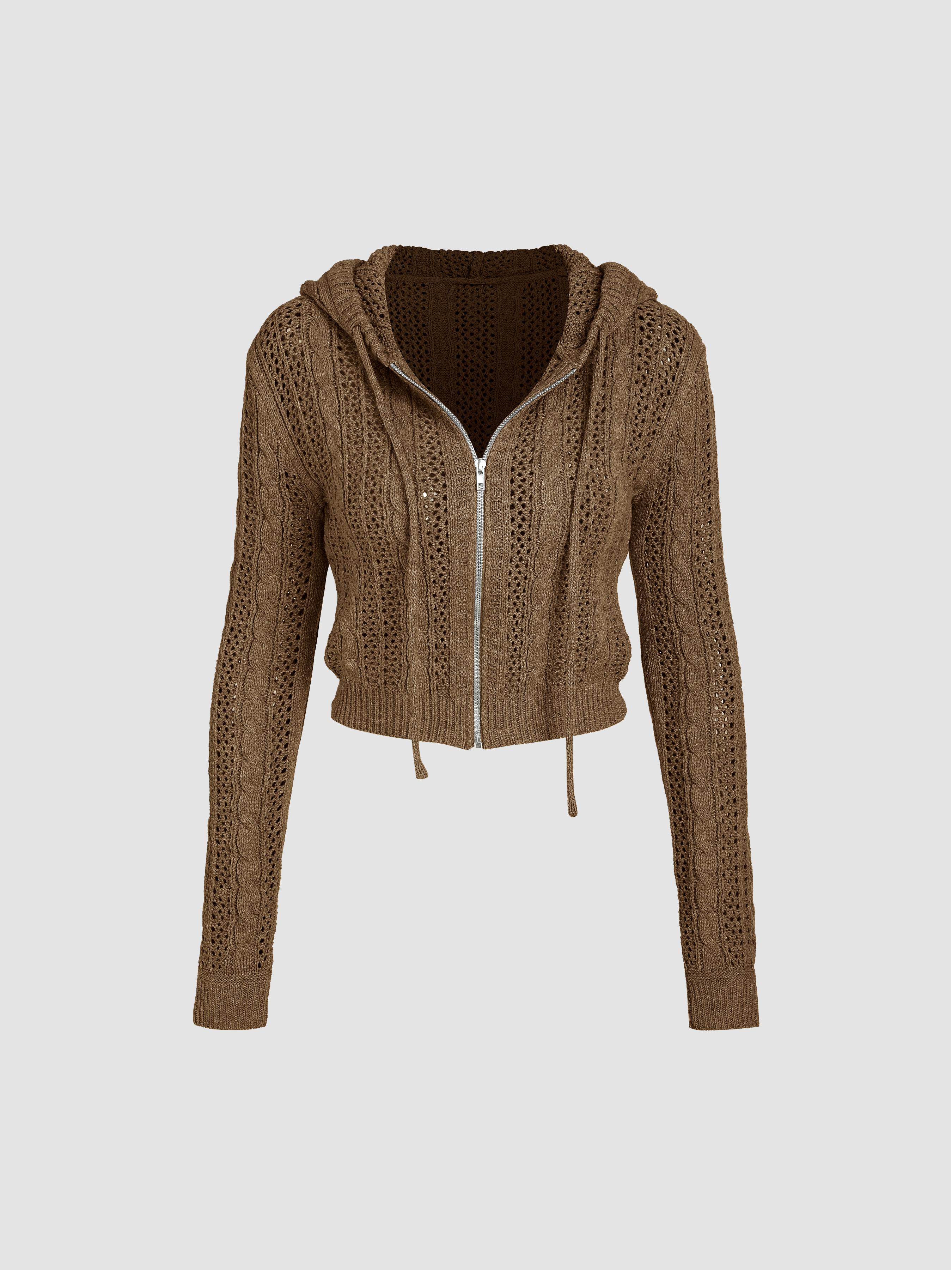 Knit Hooded Zipper Hollow Out Cardigan by CIDER