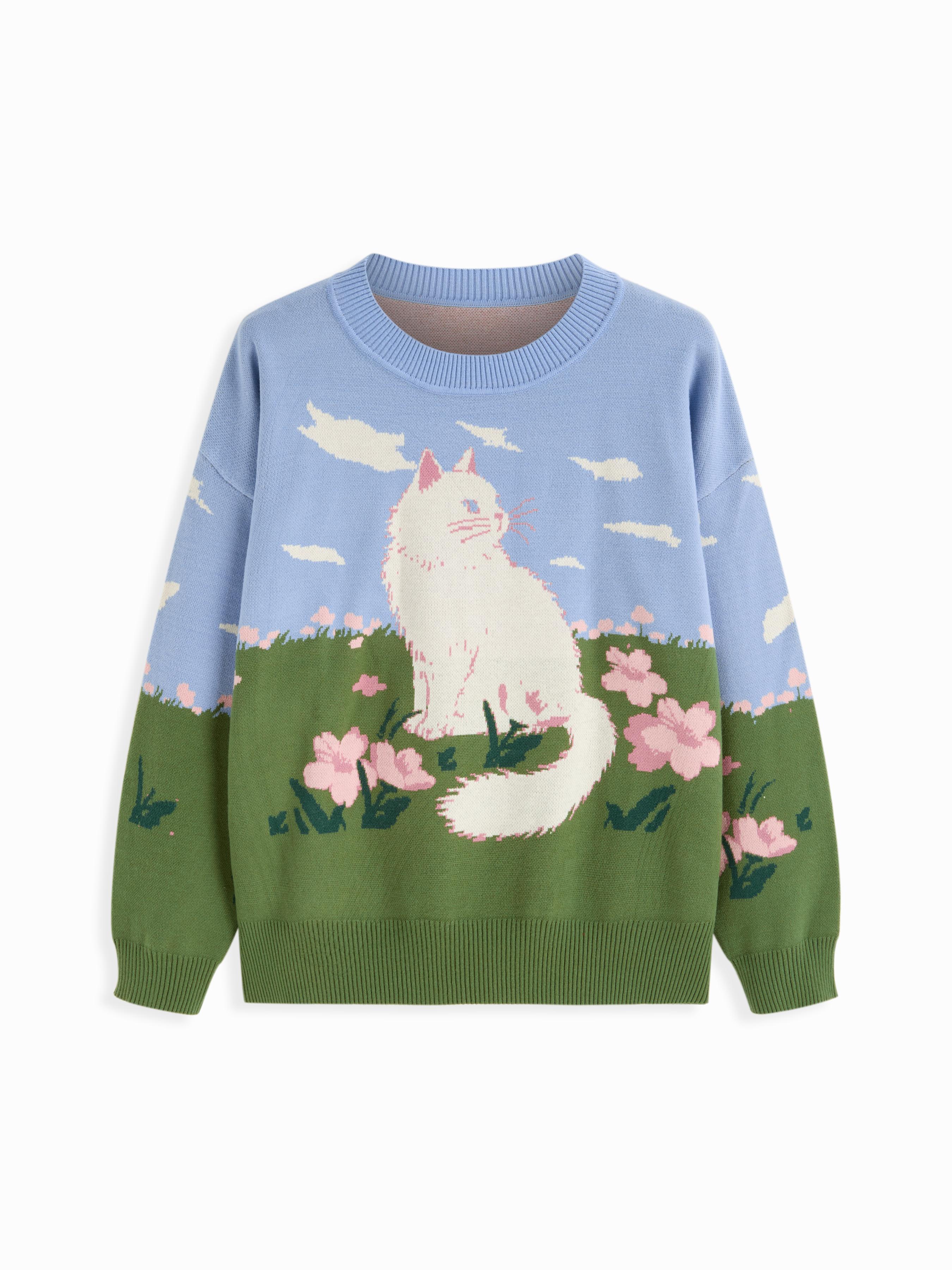 Knit Jacquard Cat & Flower Graphic Round Neckline Top Curve & Plus by CIDER