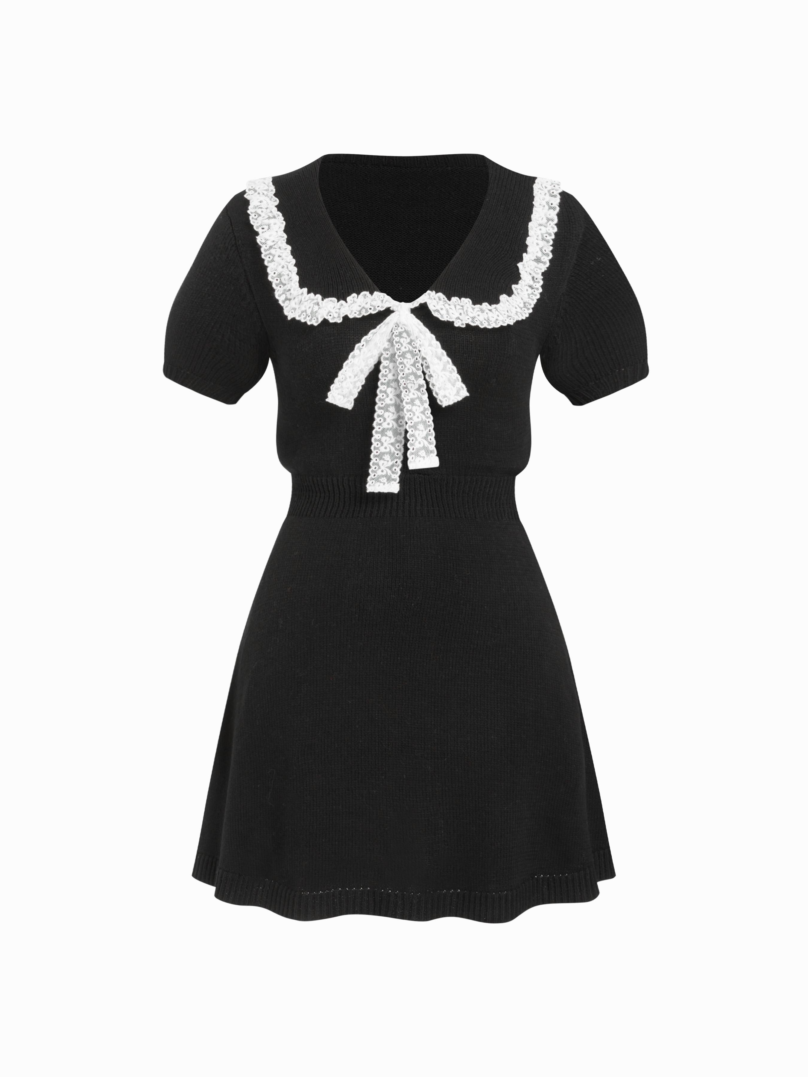Knit Lace Trim Bowknot A-line Mini Dress by CIDER