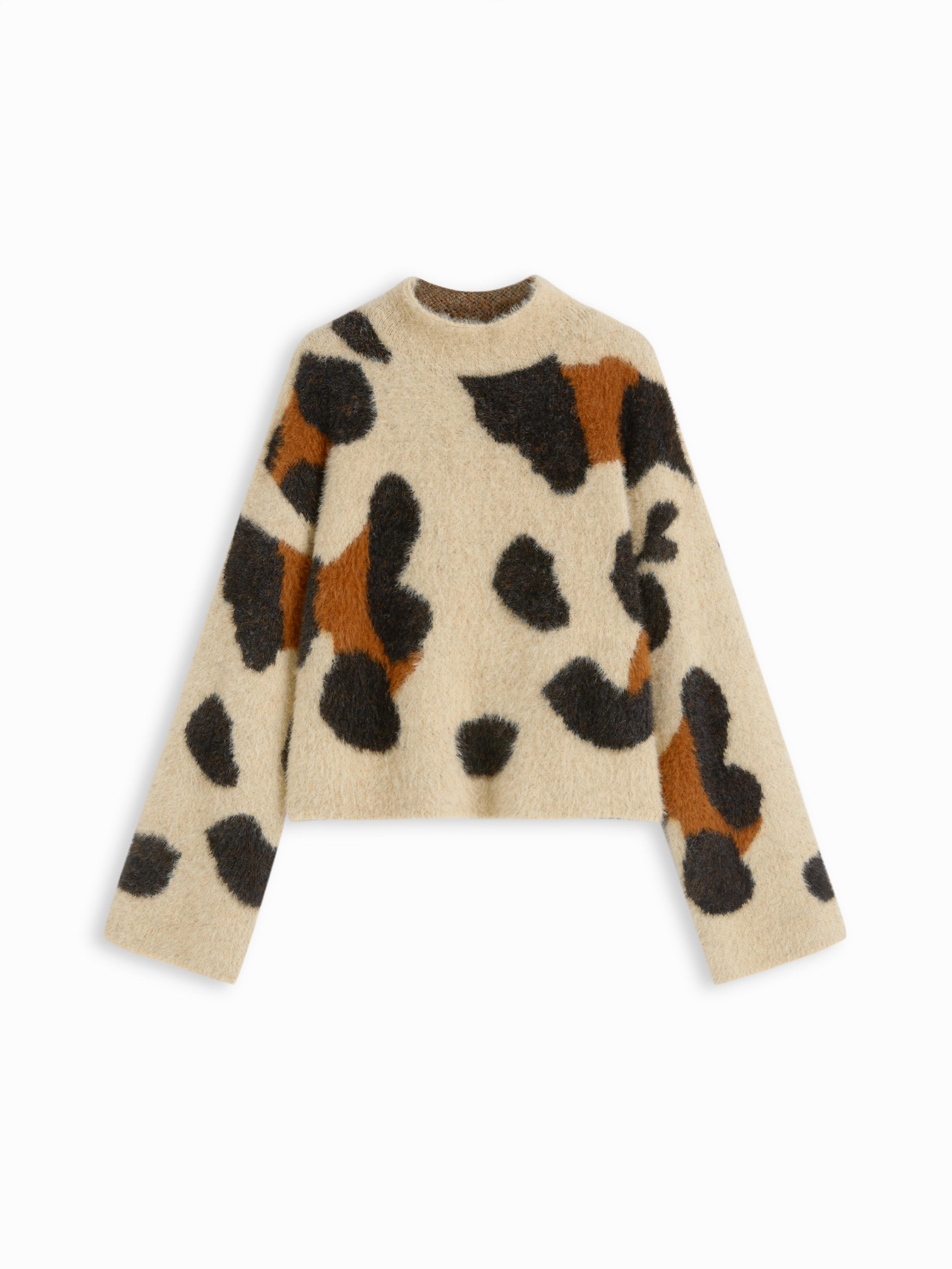 Knit Leopard Print Fluffy Round Neck Oversized Sweater by CIDER