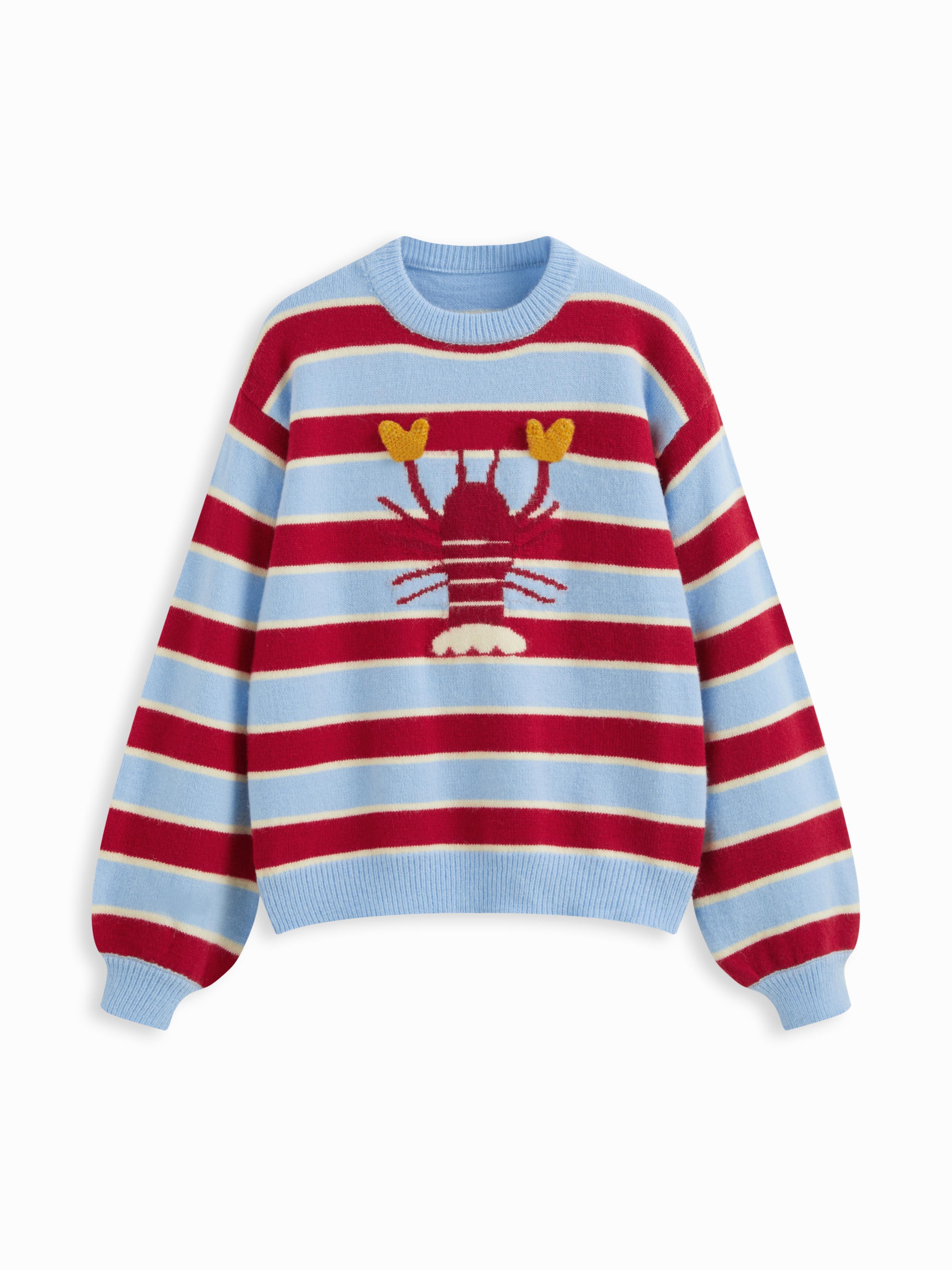 Knit Lobster Pattern Striped Round Neckline Oversized Sweater by CIDER