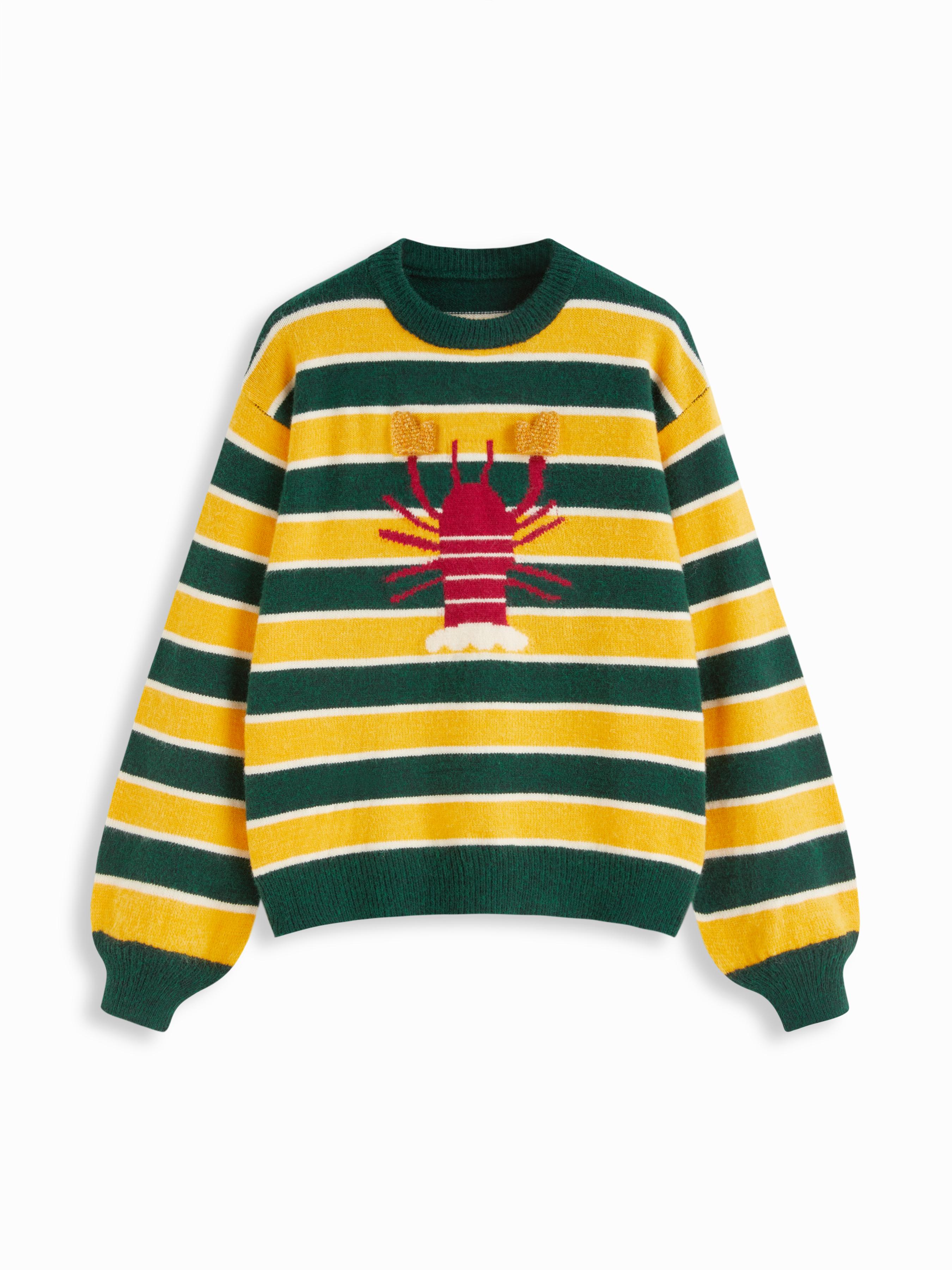 Knit Lobster Pattern Striped Round Neckline Oversized Sweater by CIDER