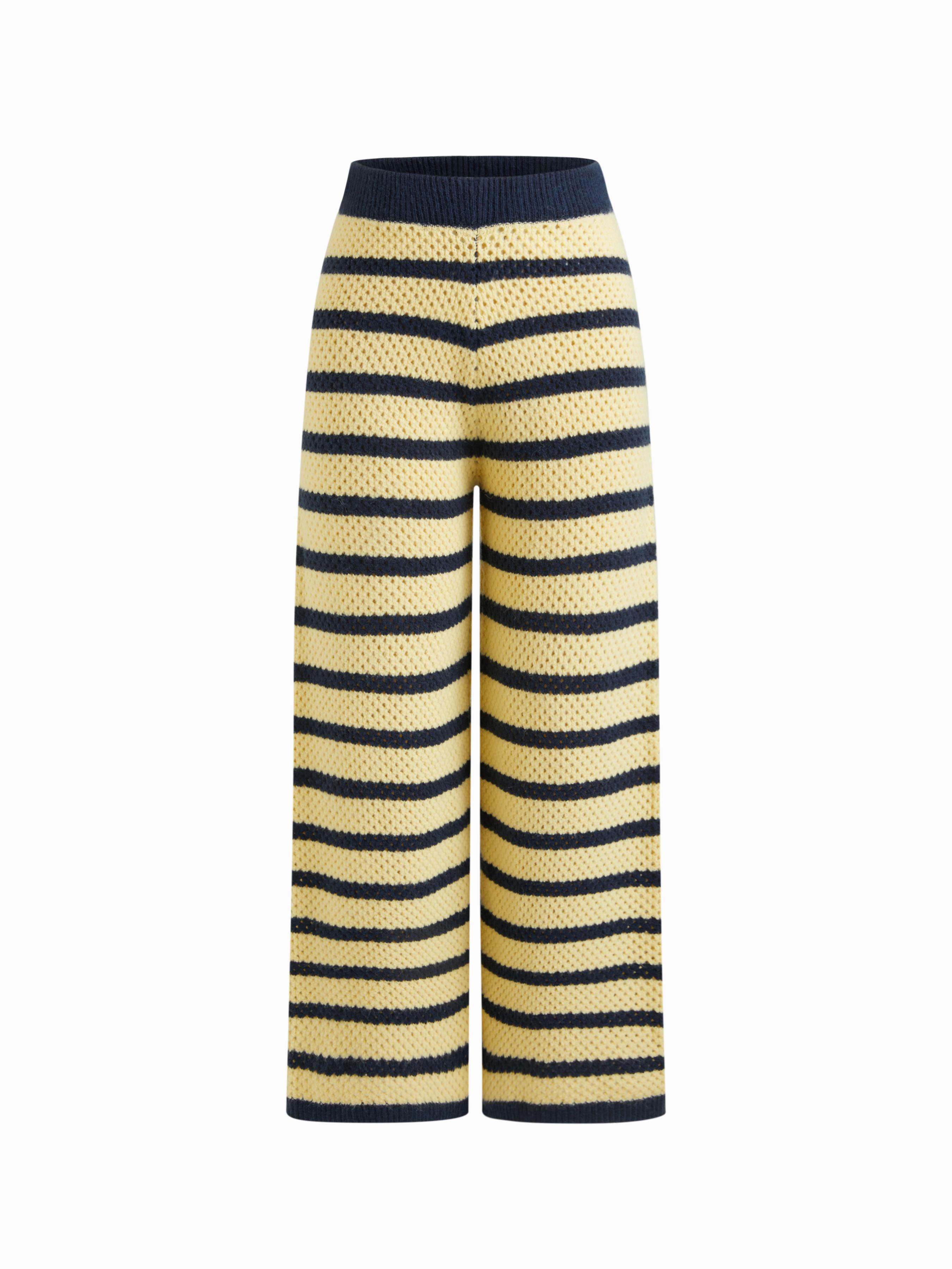 Knit Mid Rise Striped Hollow Out See-through Straight Leg Trousers by CIDER Knit Mid Rise Striped Hollow Out See-through Straight Leg Trousers by CIDER