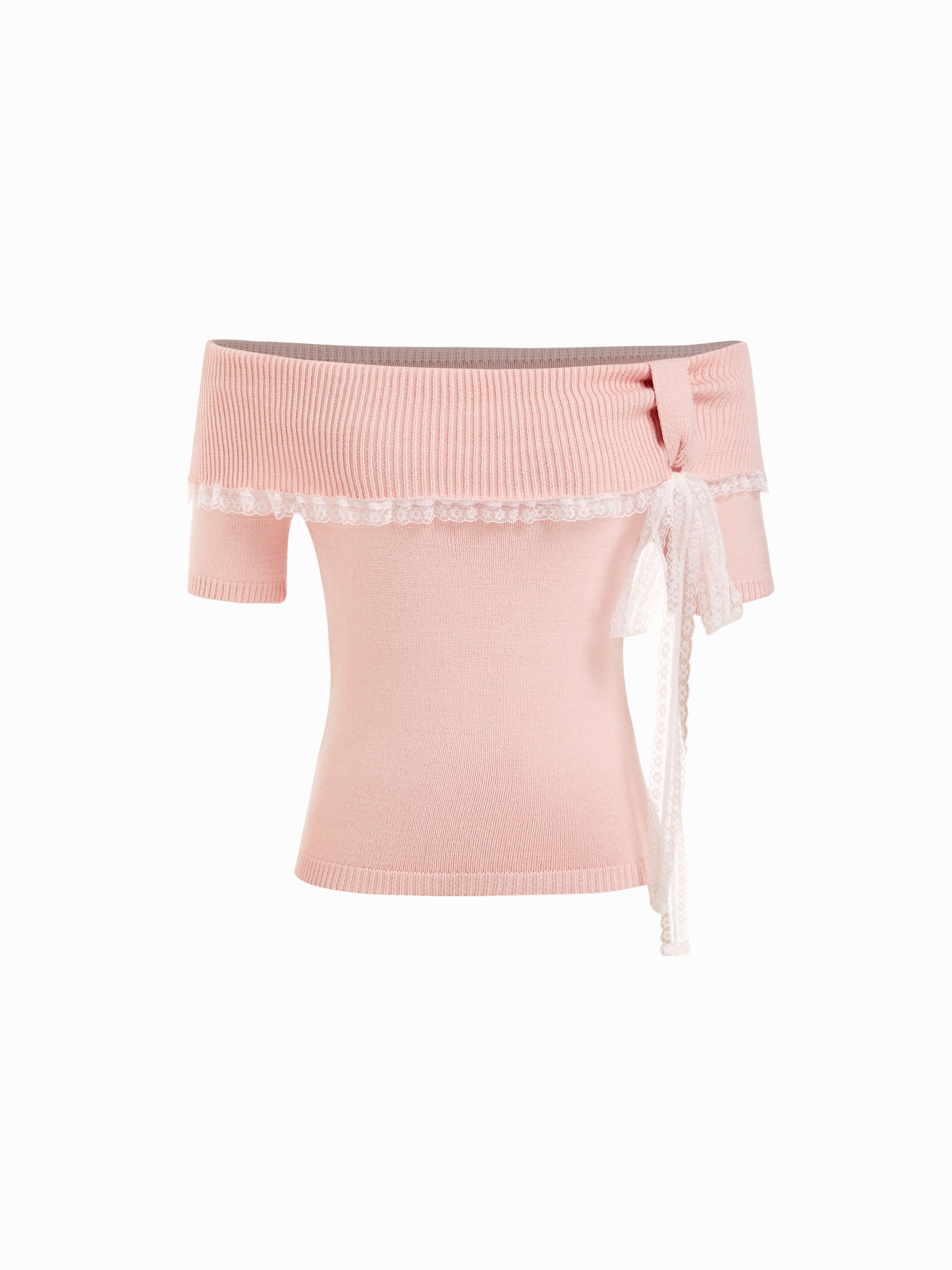 Knit Off-Shoulder Lace Trim Short Sleeve Top by CIDER