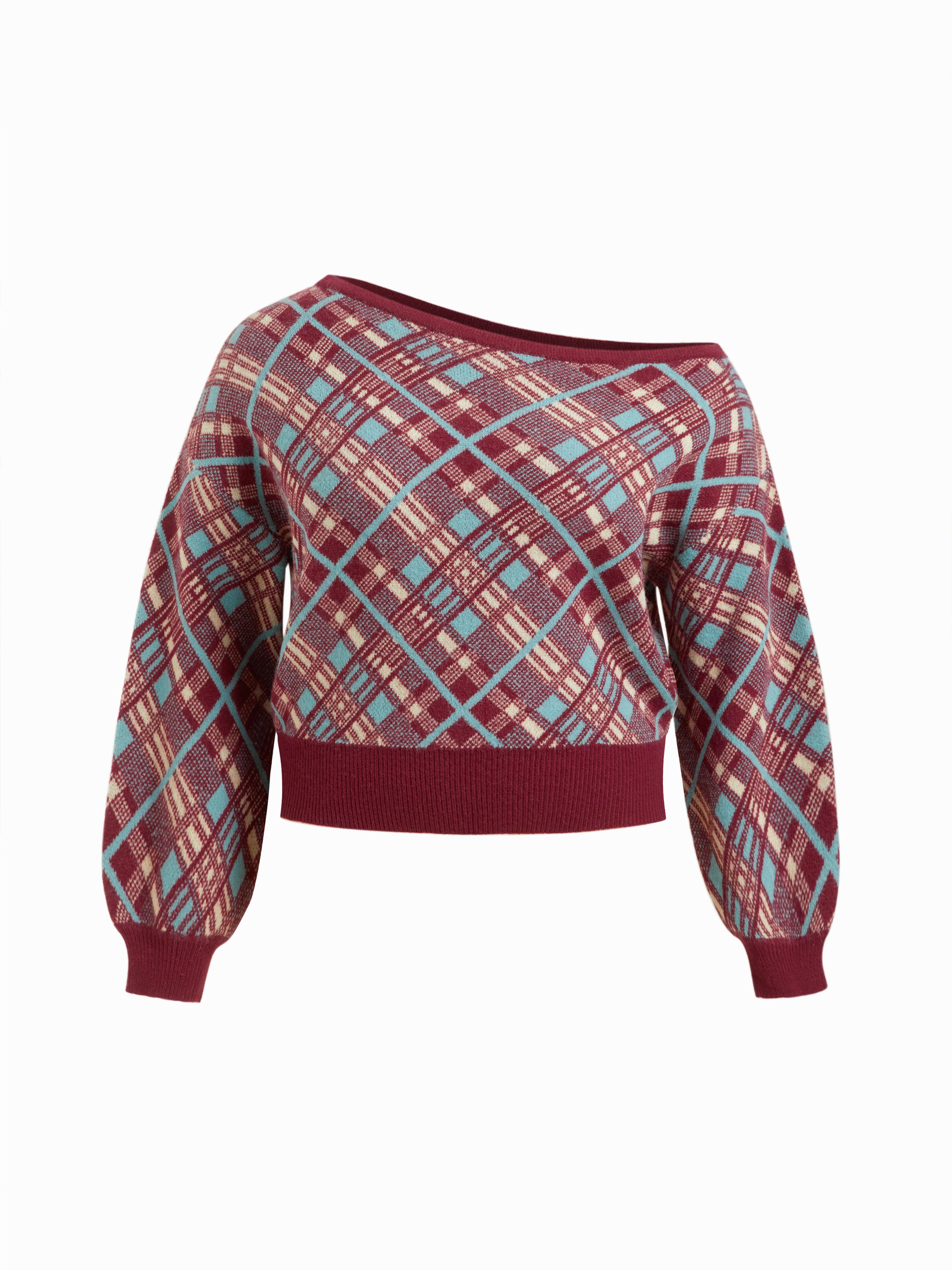Knit Plaid Asymmetrical Neck Lantern Sleeve Top Curve & Plus by CIDER