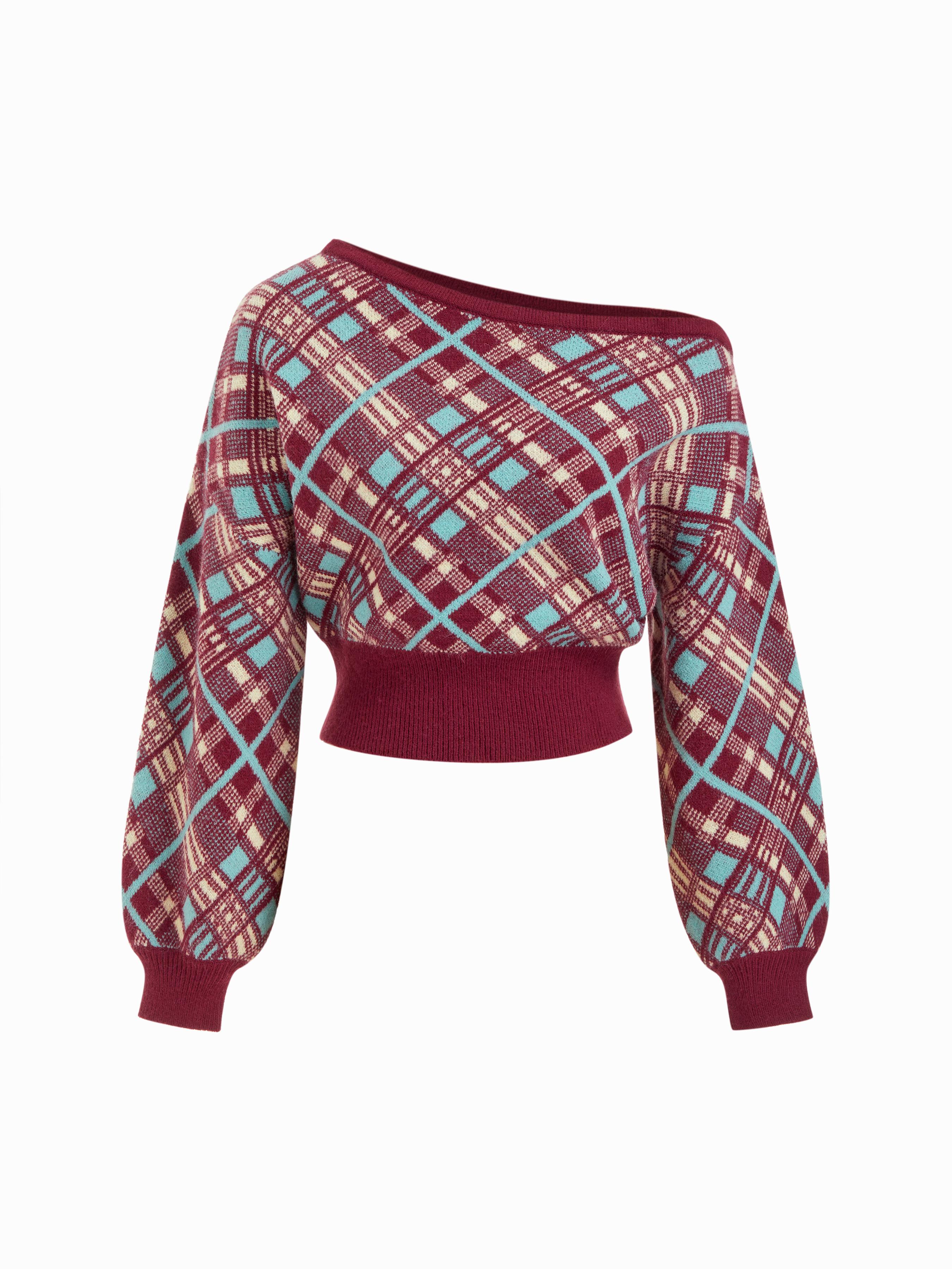 Knit Plaid Asymmetrical Neck Long Sleeve Sweater by CIDER