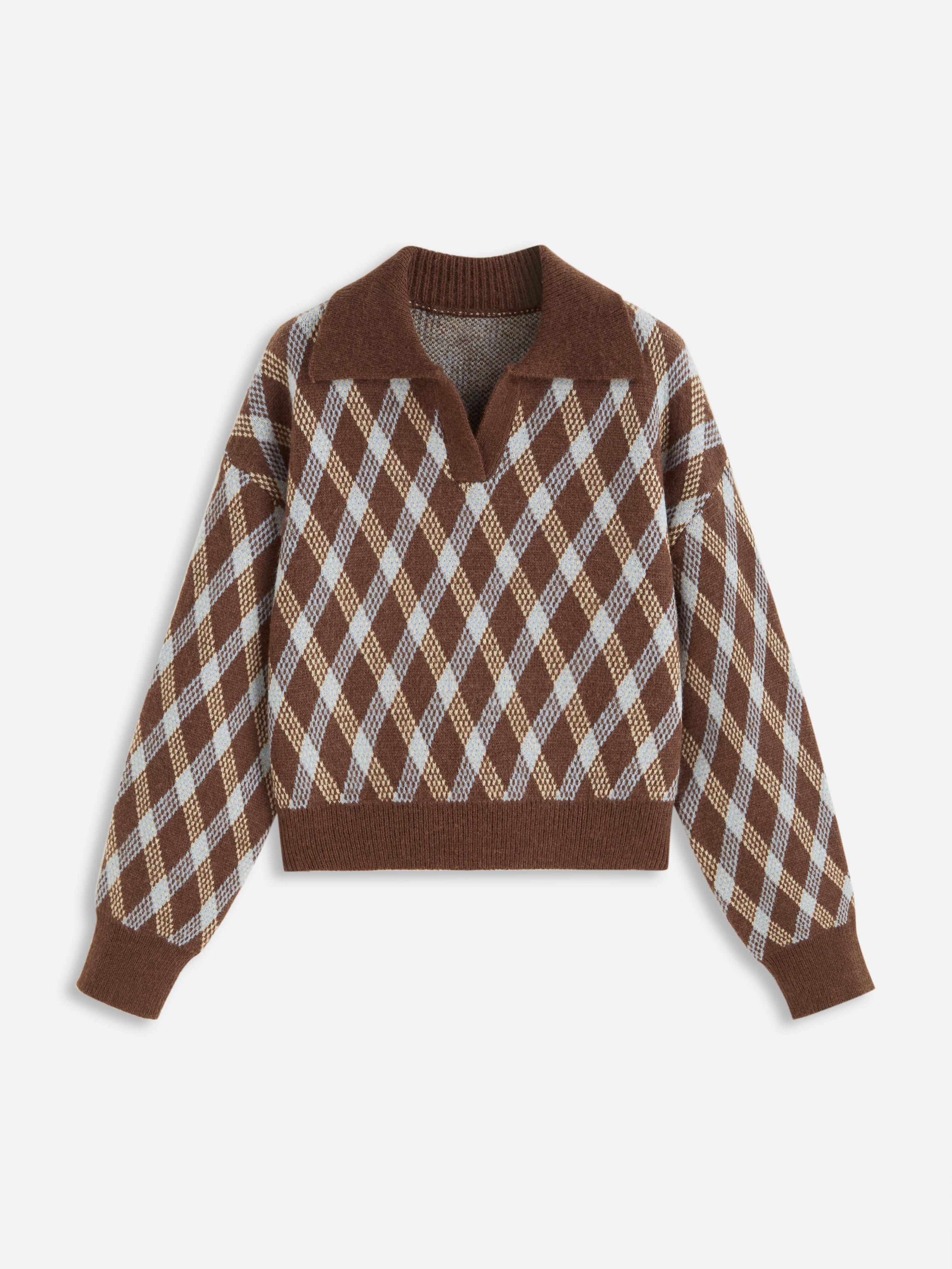 Knit Plaid Collar V-neck Long Sleeve Top by CIDER