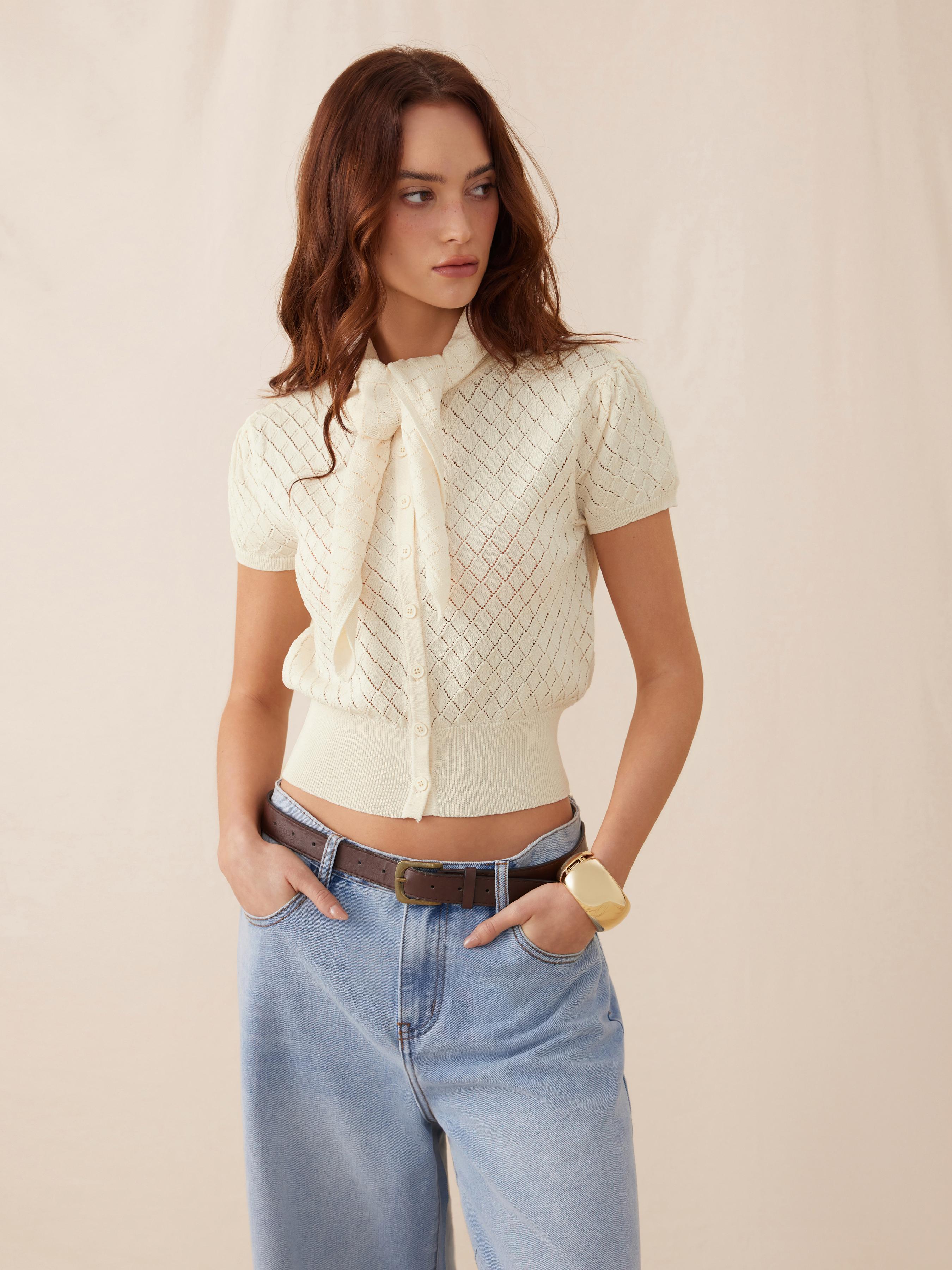 Knit Pointelle Puff Sleeve Scarf Tie Cardigan by CIDER