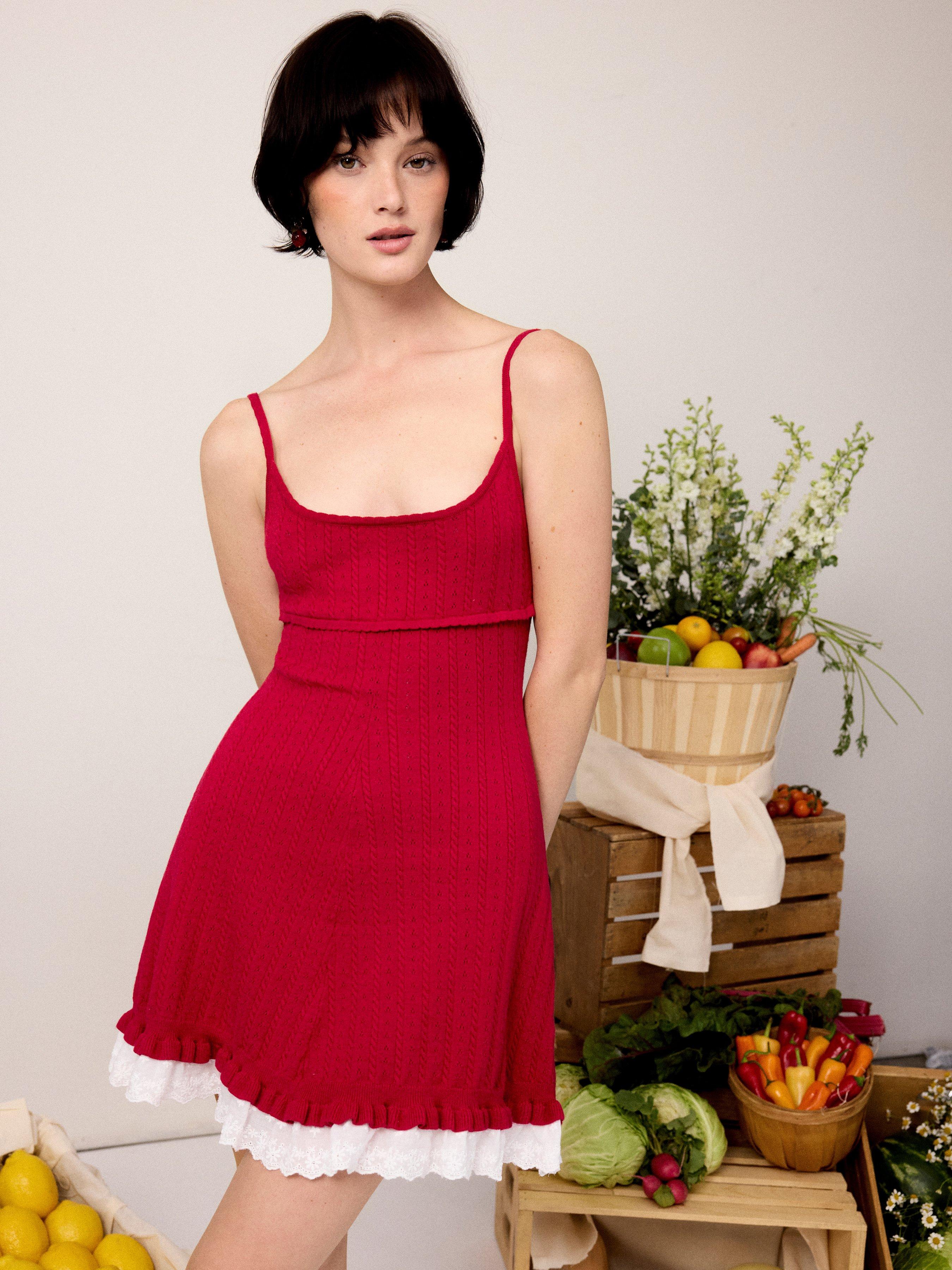 Knit Pointelle Ruffled Hem A-line Mini Dress by CIDER