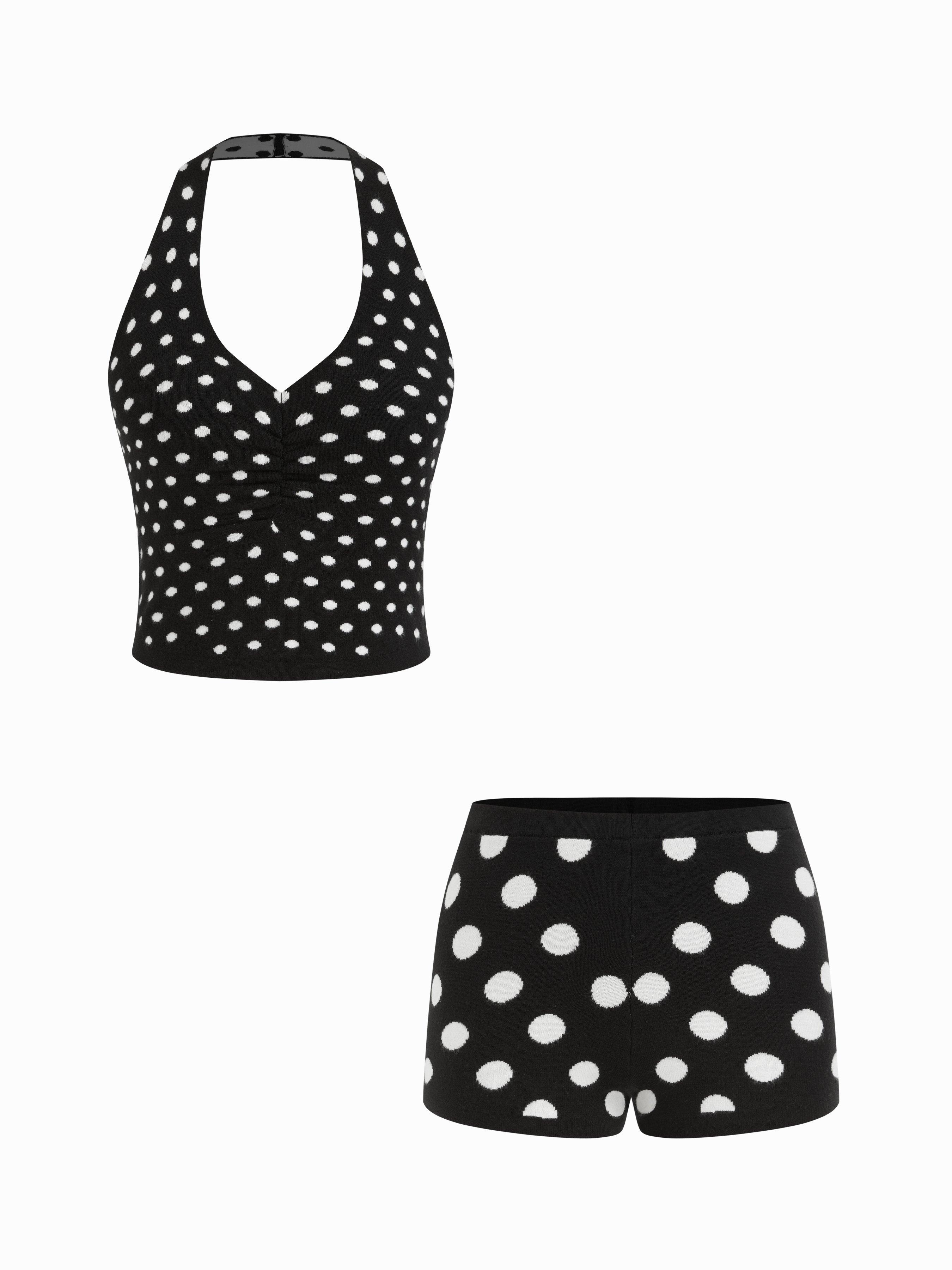 Knit Polka Dot Halter Neck Crop Top & Micro Shorts Set by CIDER