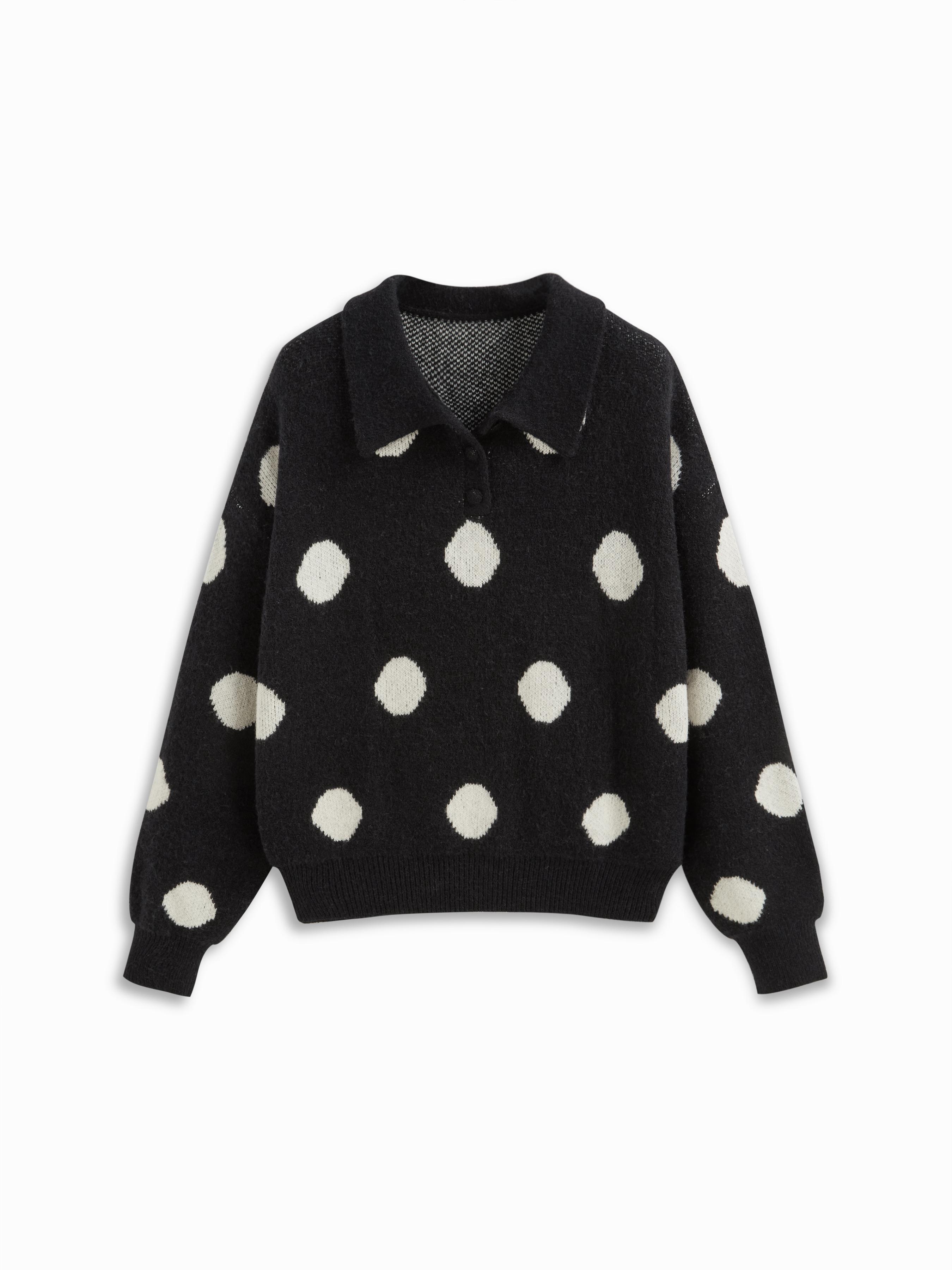 Knit Polka Dot Polo Neck Long Sleeve Oversized Top by CIDER