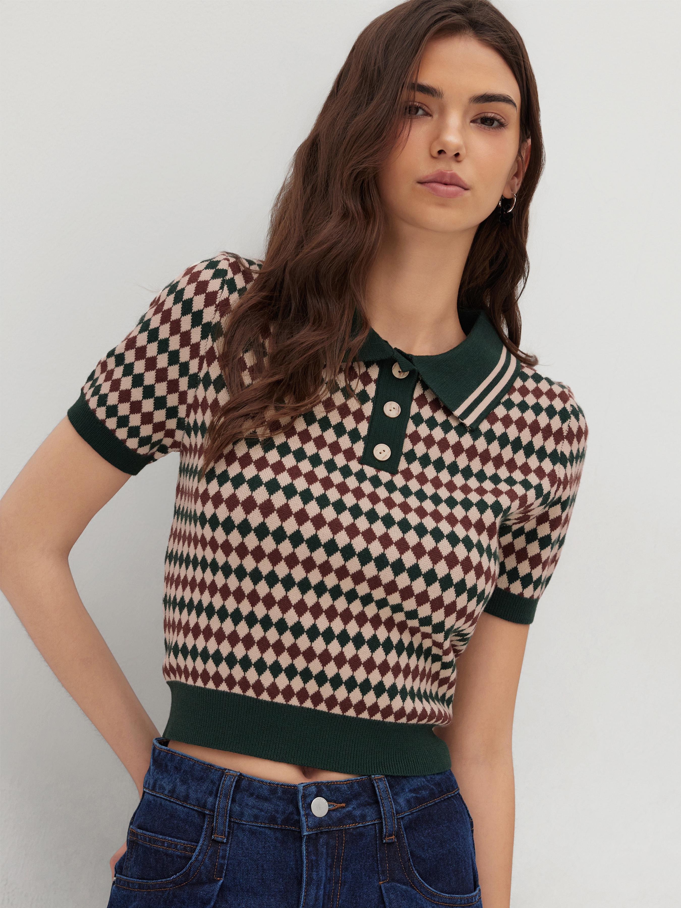 Knit Polo Argyle Short Sleeve Top by CIDER