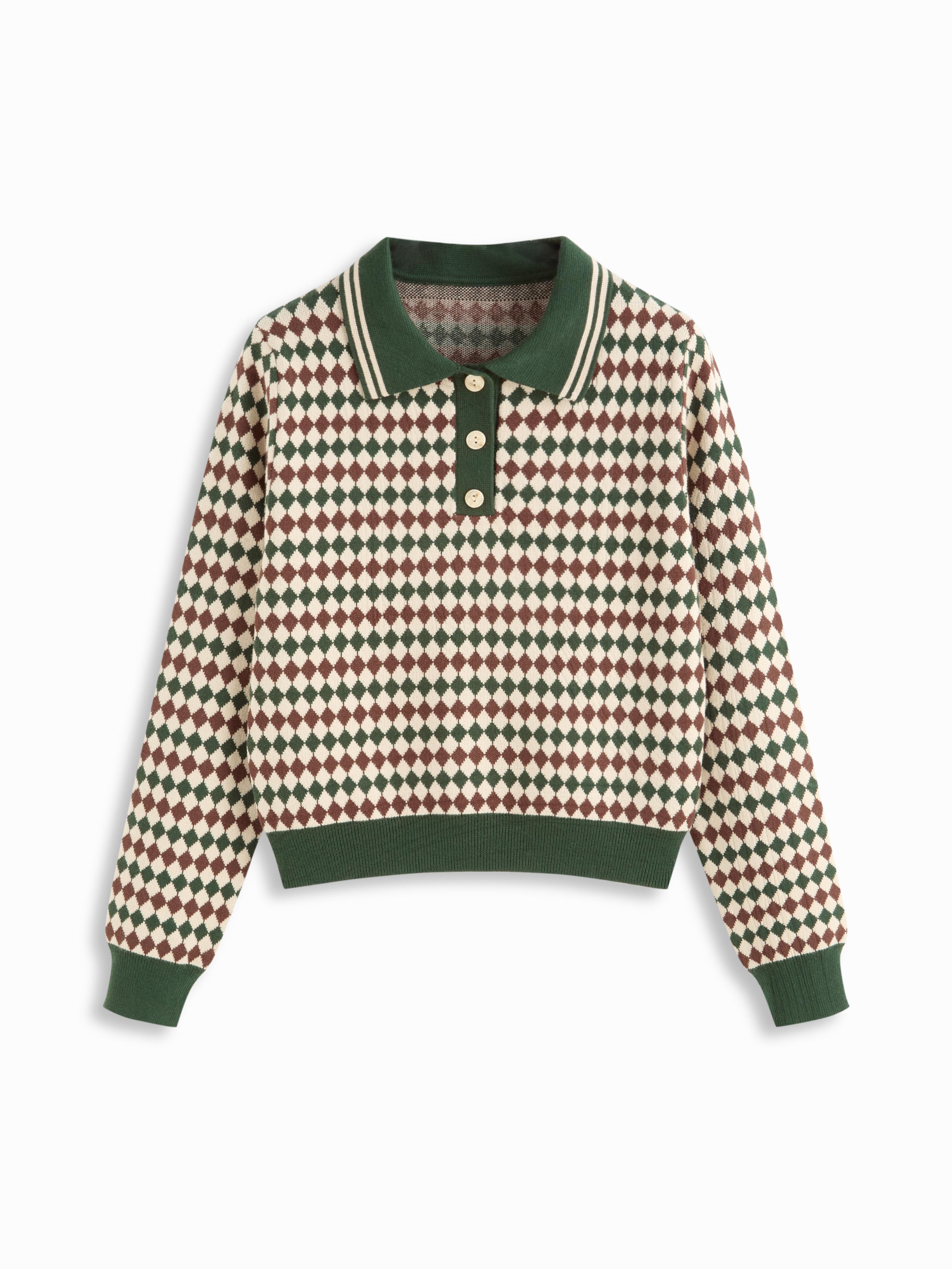 Knit Polo Collar Argyle Pattern Top by CIDER