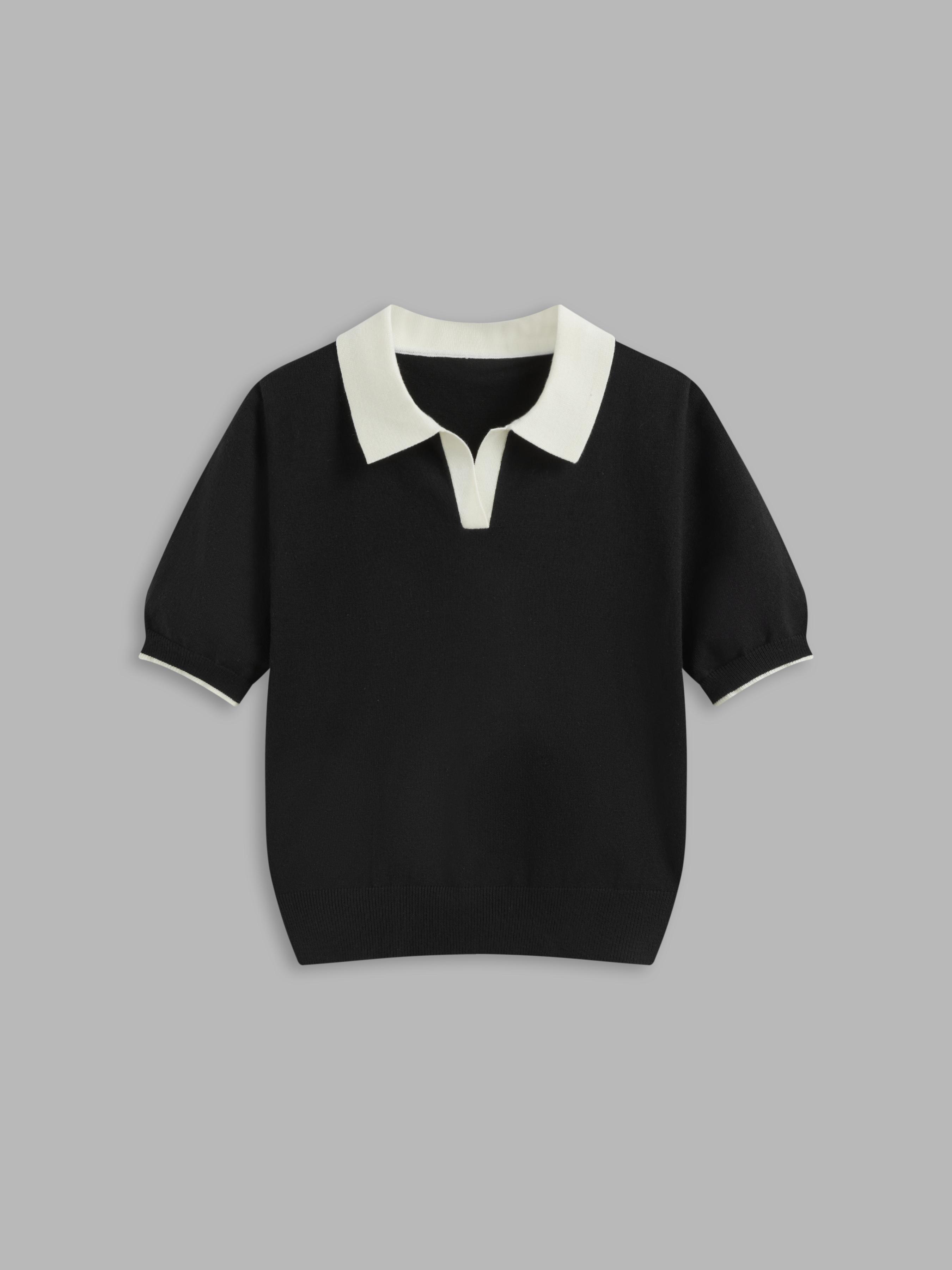 Knit Polo Contrasting Binding Short Sleeve Top by CIDER