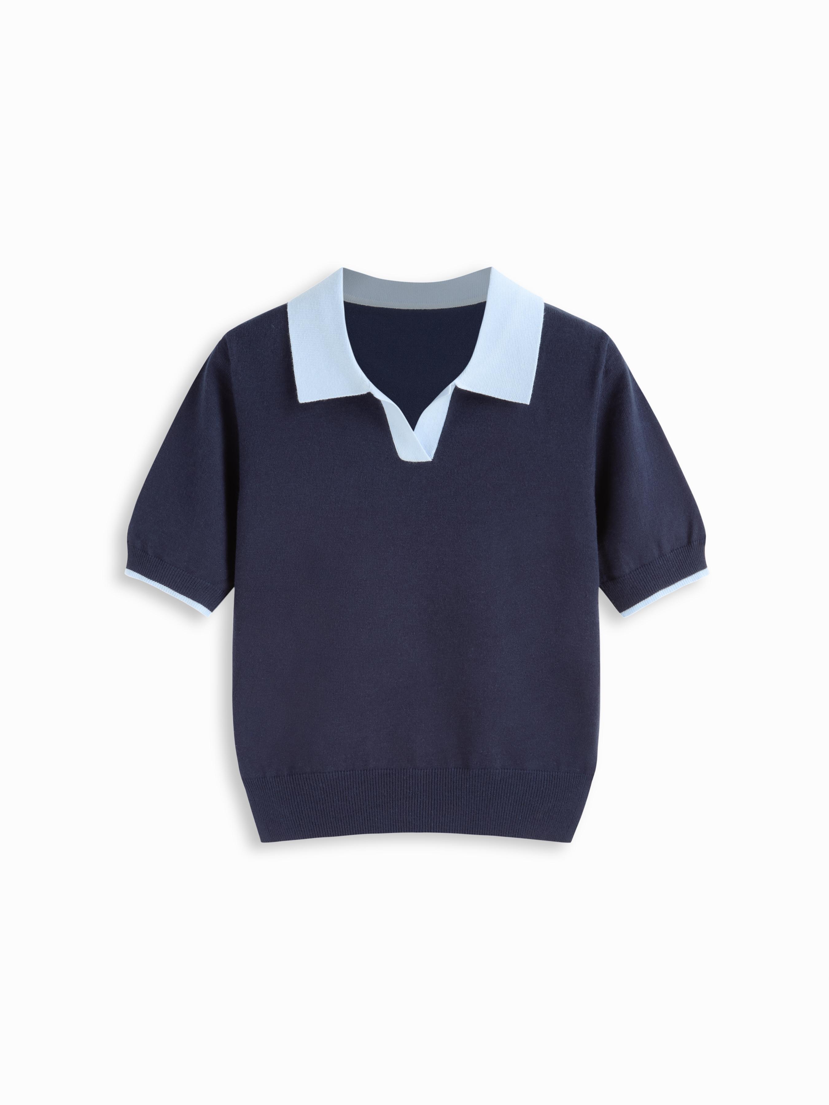 Knit Polo Contrasting Binding Short Sleeve Top by CIDER