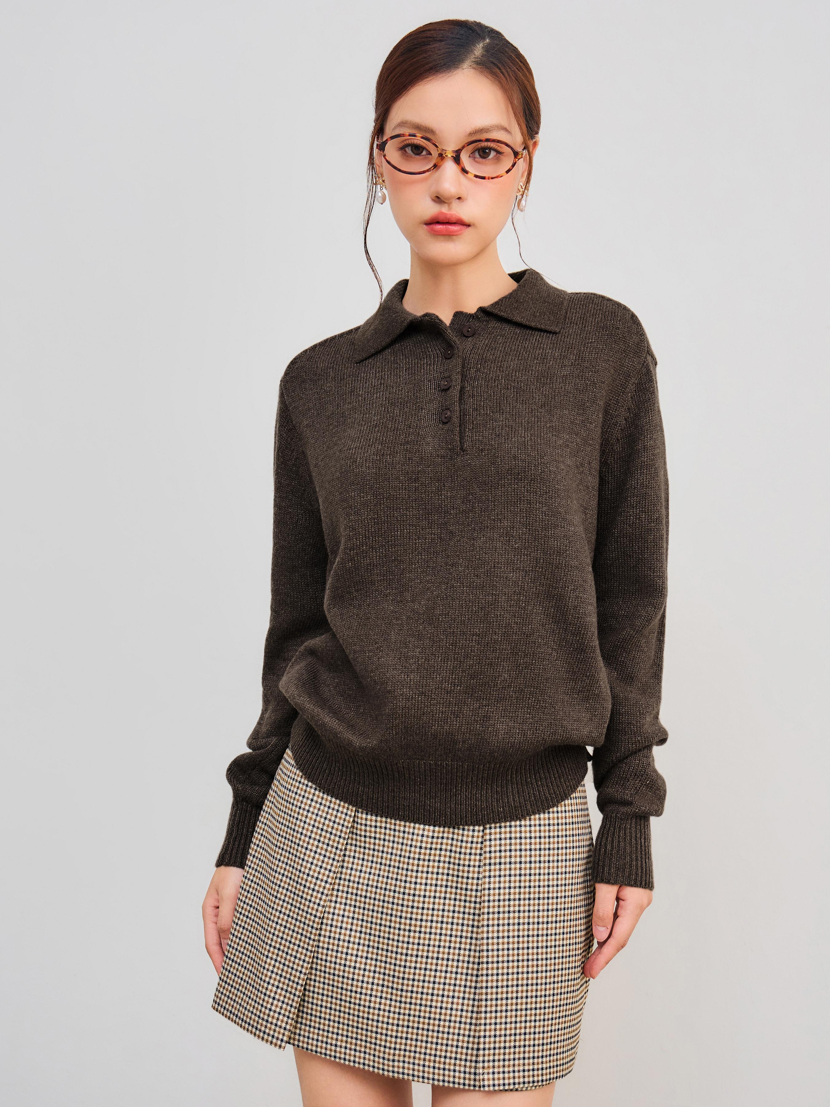 Knit Polo Solid Button Sweater by CIDER