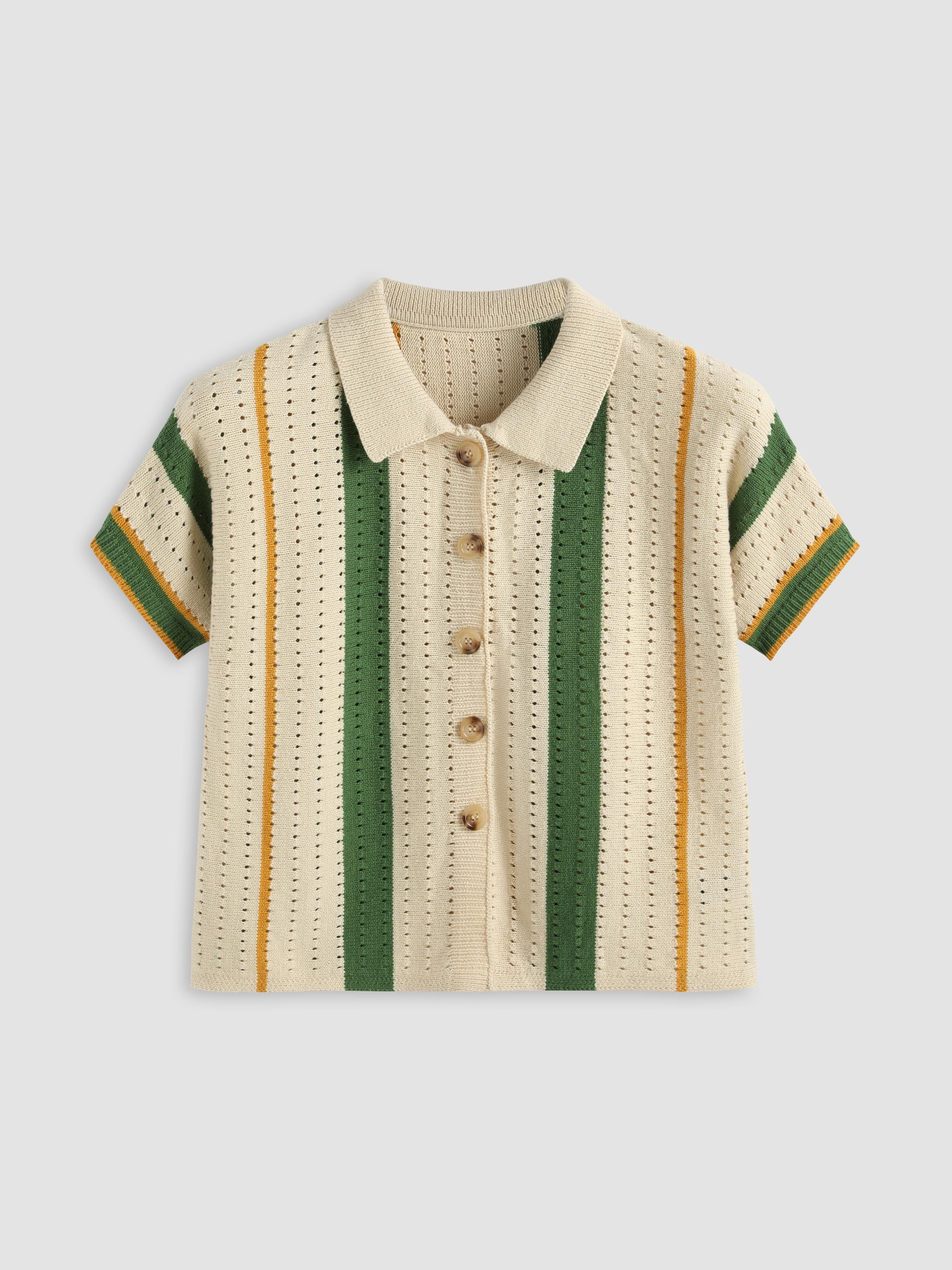 Knit Polo Striped Hollow Out Short Sleeve Top by CIDER
