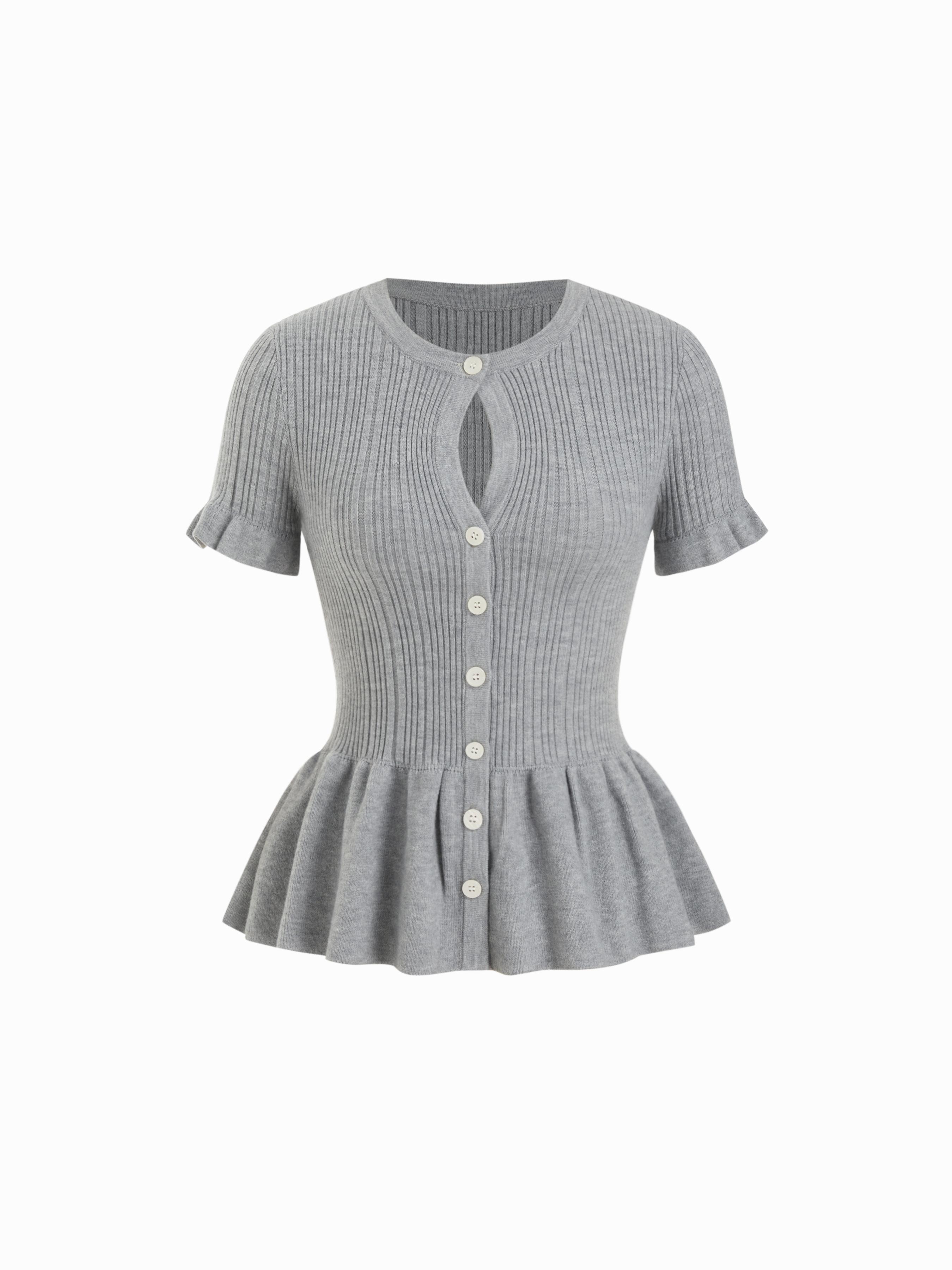Knit Puff Sleeve Ruffled Peplum Short Sleeve Top by CIDER
