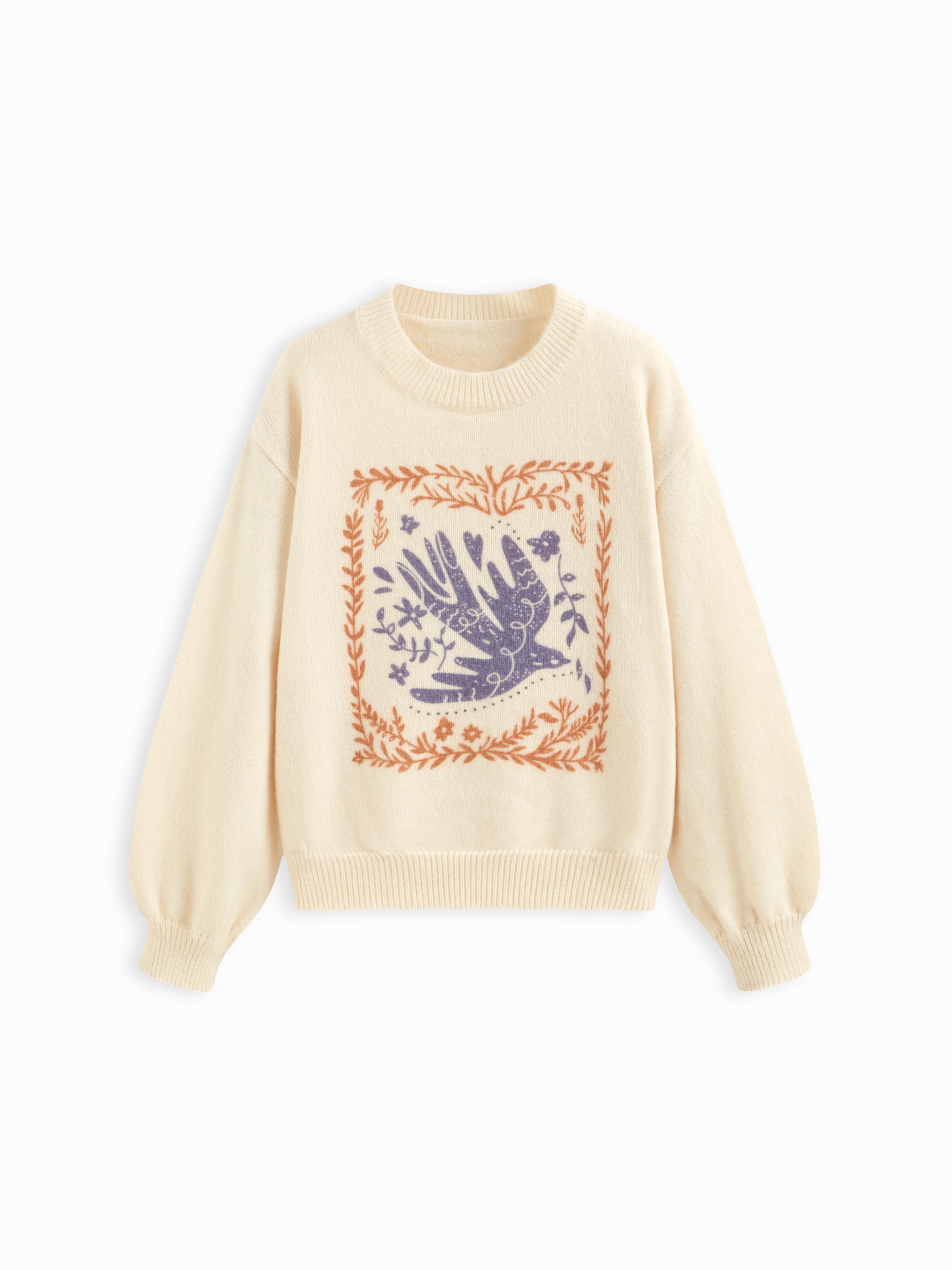 Knit Round Neck Bird Graphic Long Sleeve Sweater by CIDER