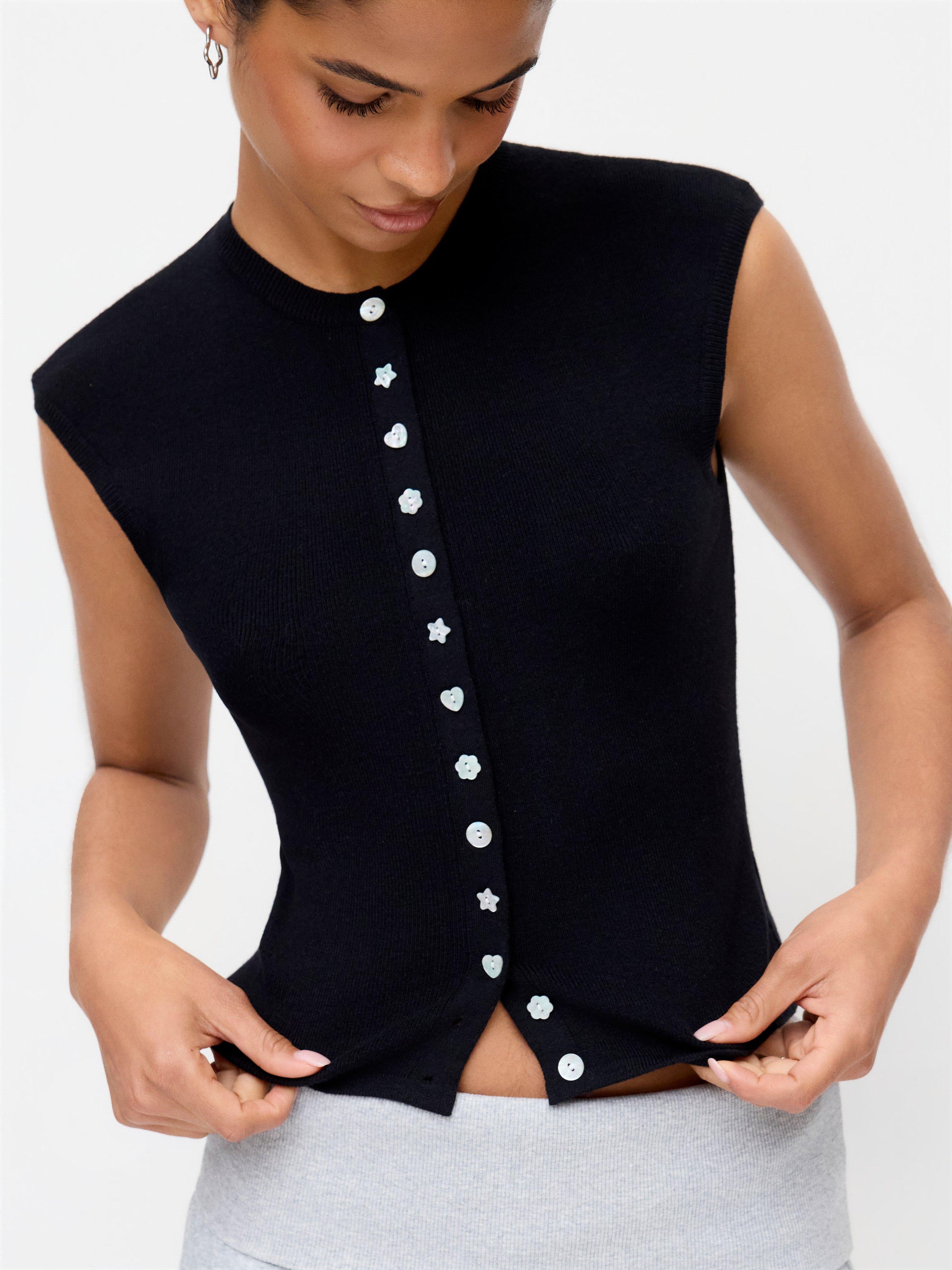 Knit Round Neck Button Front Top by CIDER