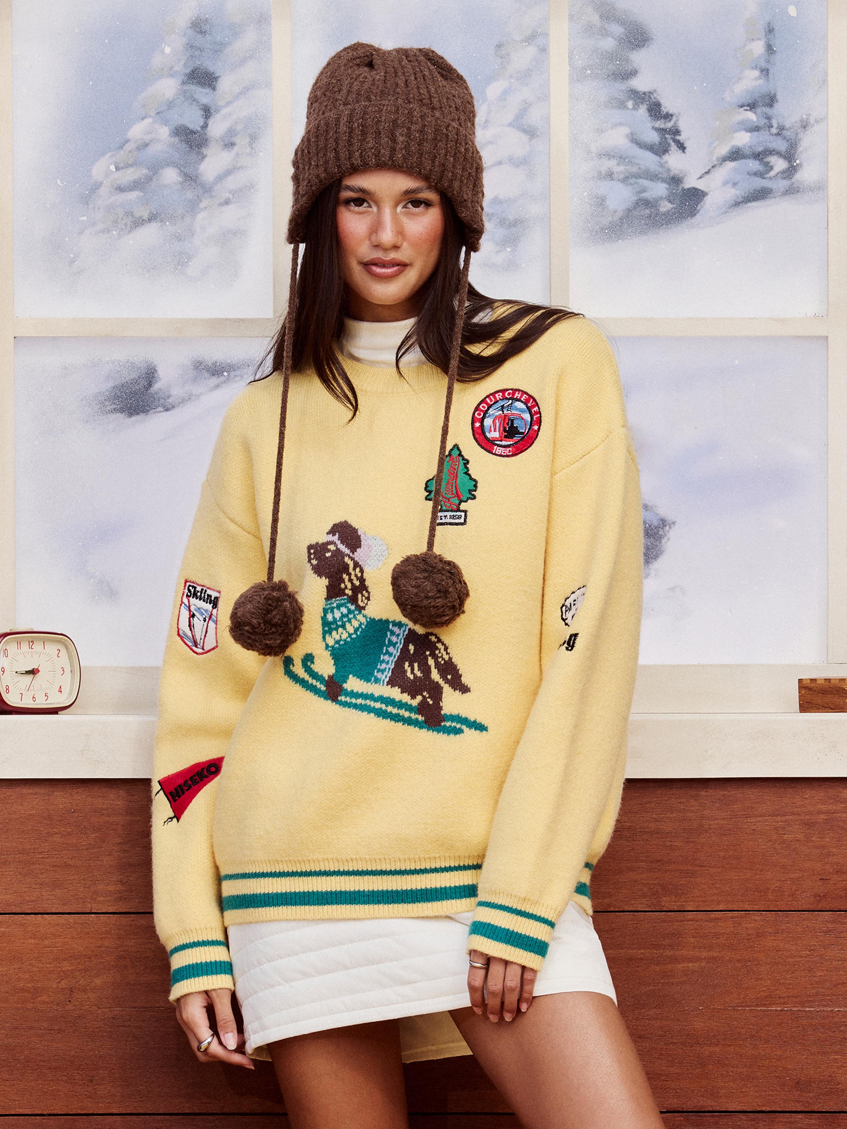 Knit Round Neck Dog Skiing Pattern Oversized Sweater by CIDER