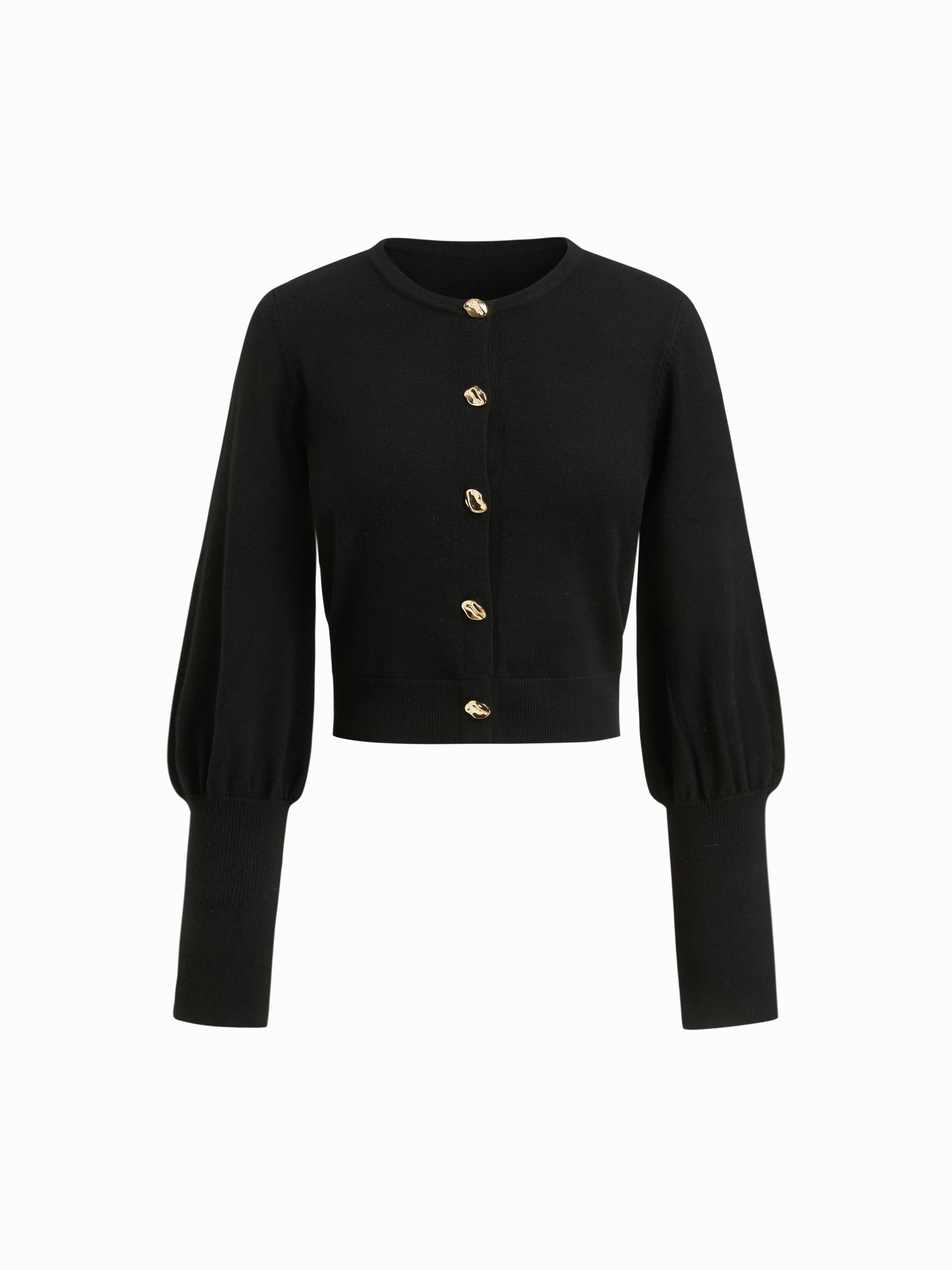 Knit Round Neck Gigot Sleeve Button Metal Detail Cardigan by CIDER