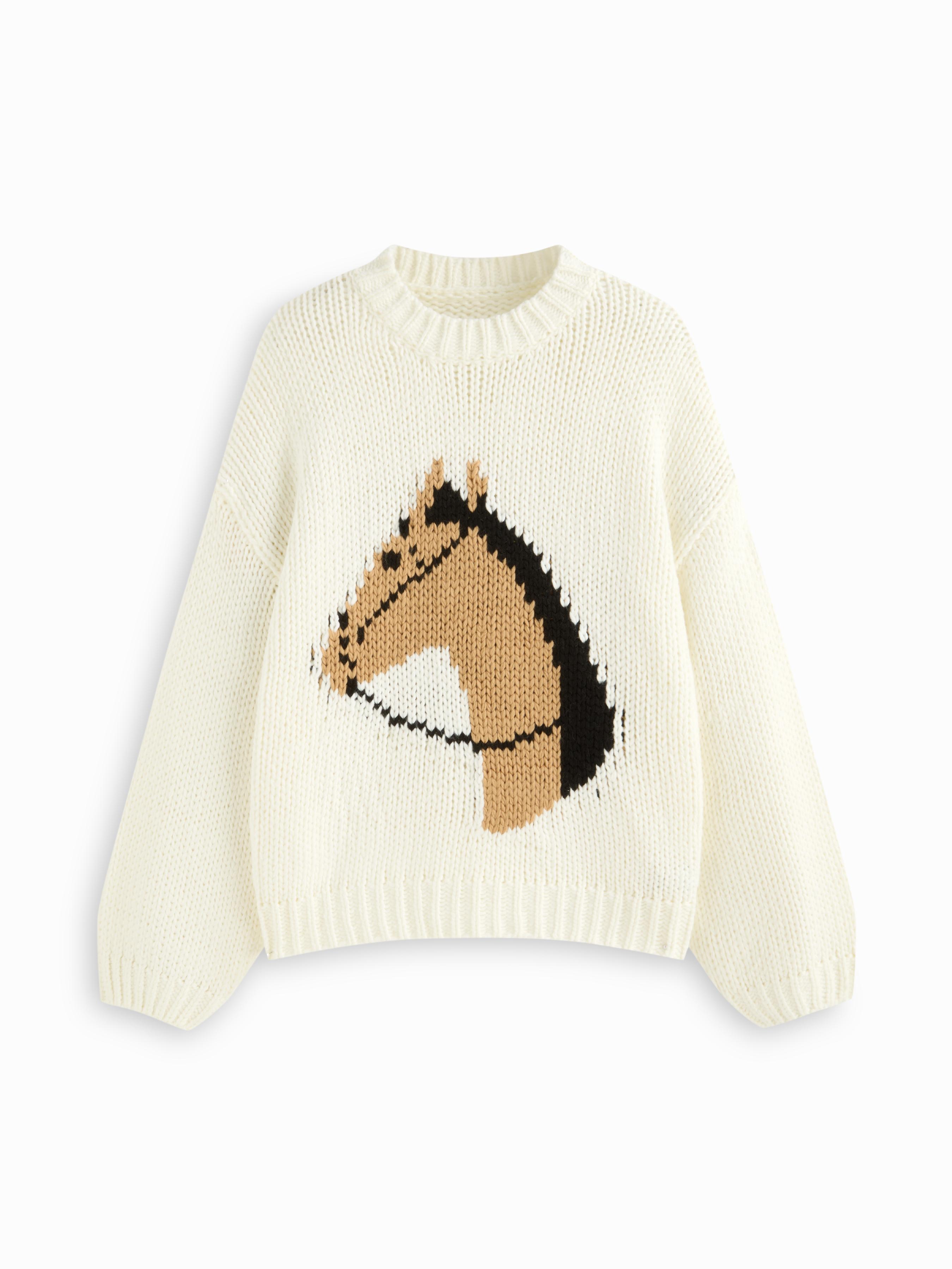 Knit Round Neck Horse Graphic Oversized Chunky Sweater by CIDER