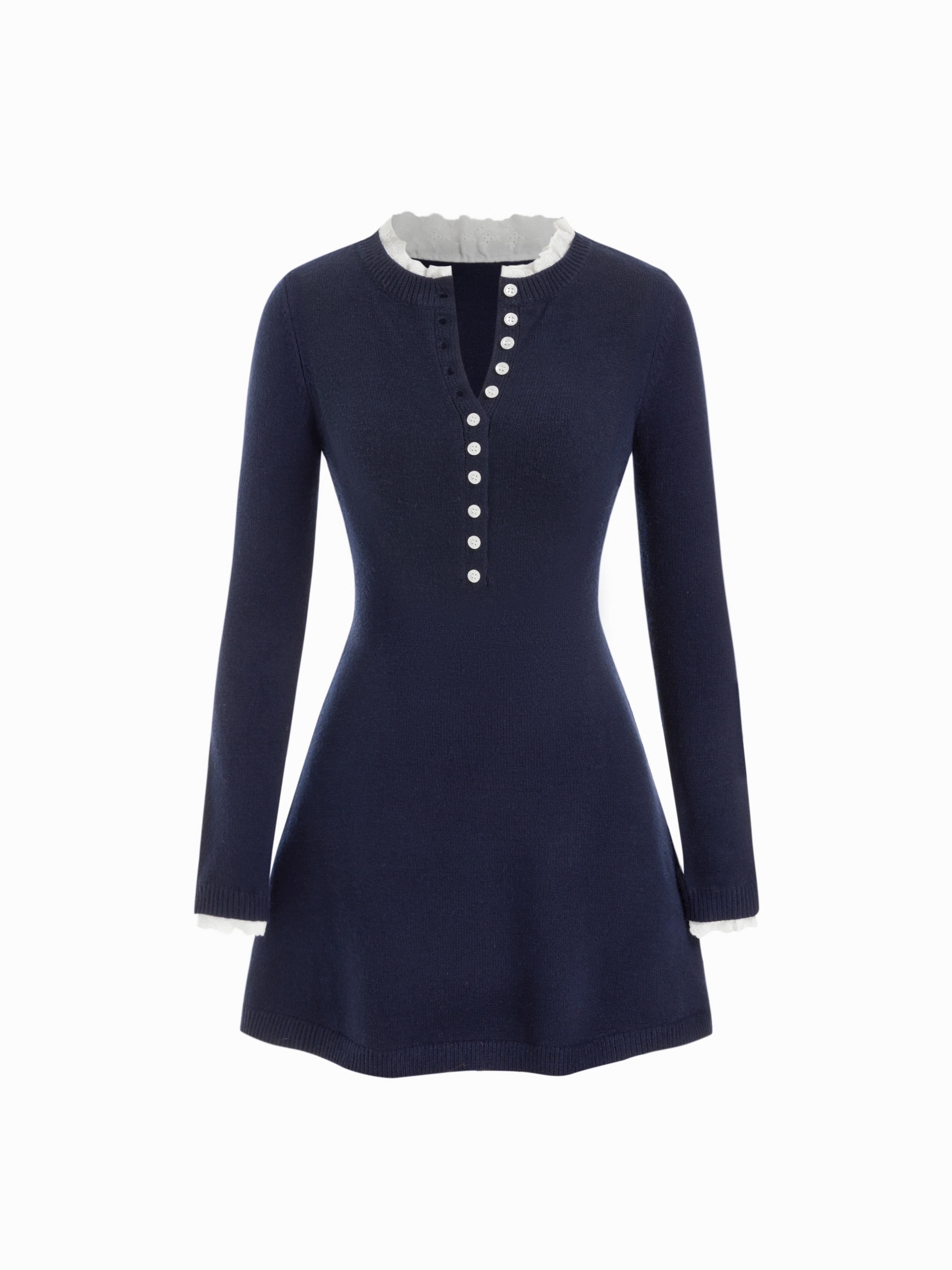 Knit Round Neck Lace Trim Button Front A-line Mini Dress by CIDER Knit Round Neck Lace Trim Button Front A-line Mini Dress by CIDER
