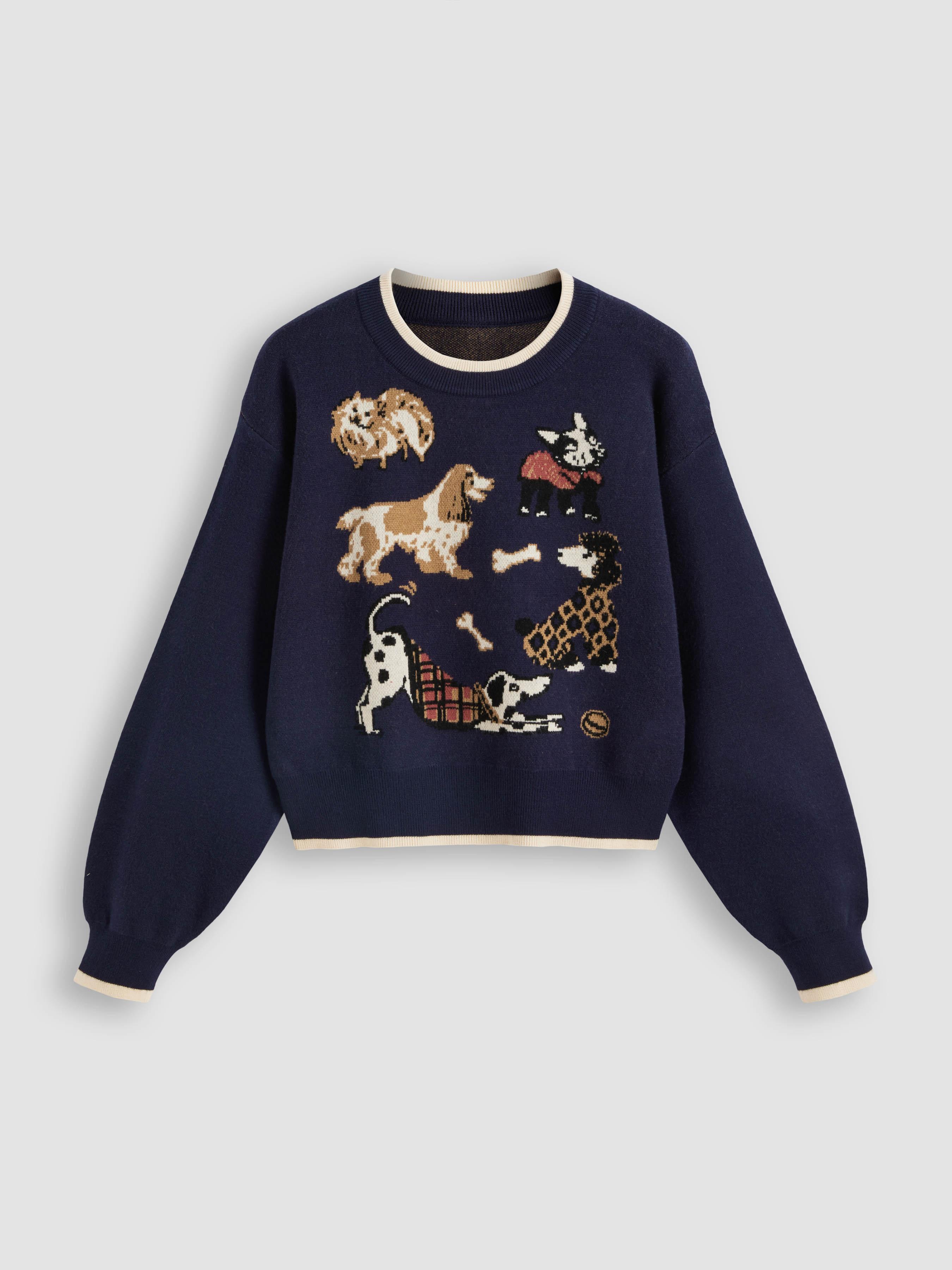 Knit Round Neck Puppy Contrasting Binding Cropped Sweater by CIDER