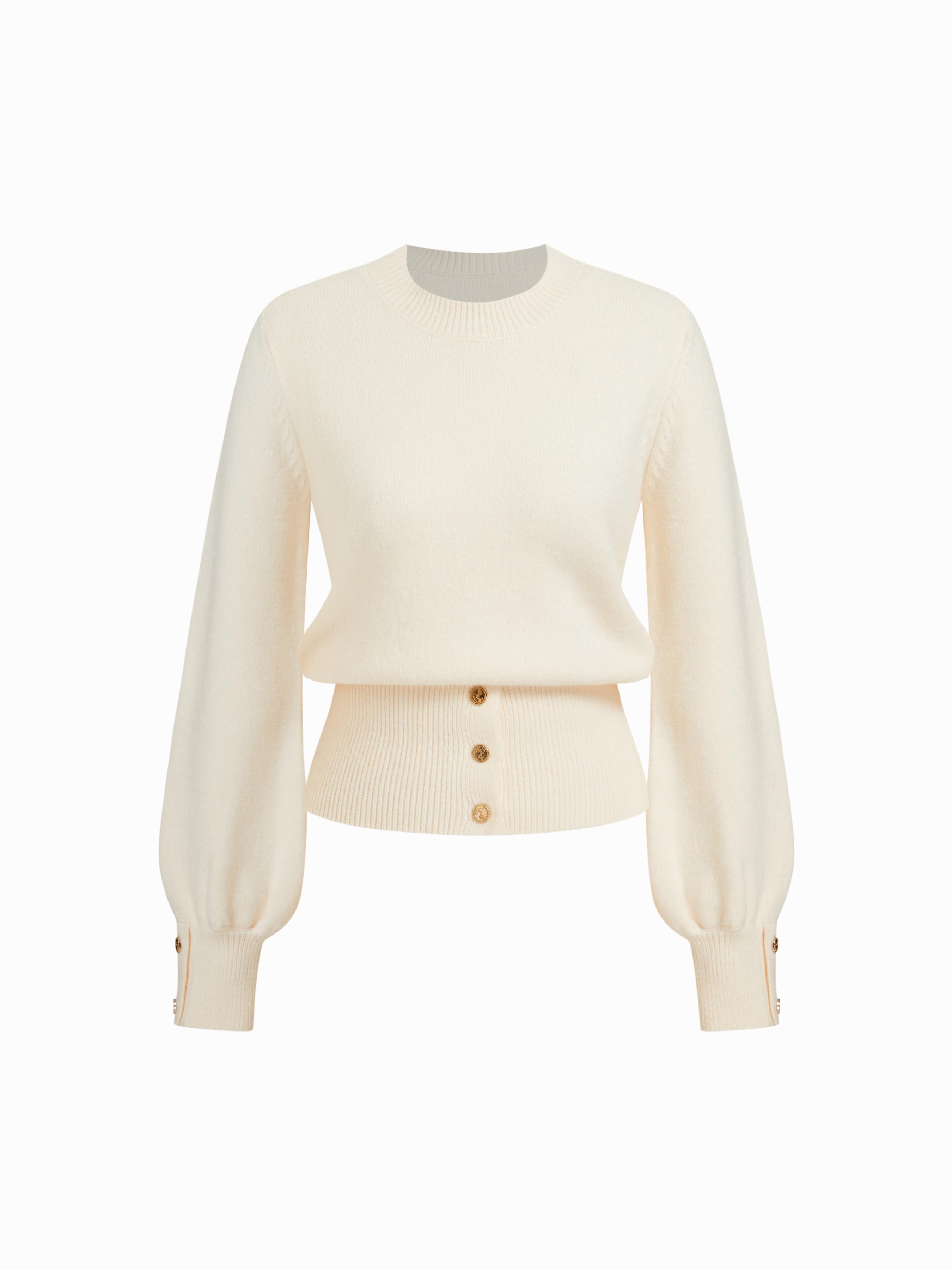 Knit Round Neck Solid Button Long Sleeve Sweater by CIDER