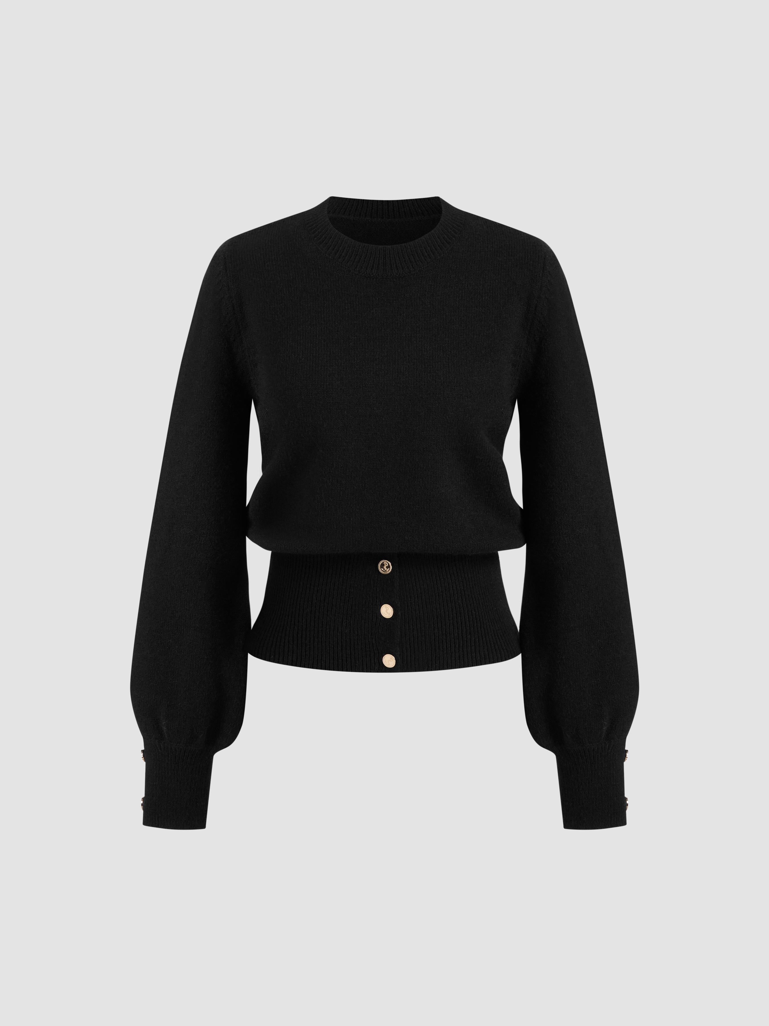 Knit Round Neck Solid Button Long Sleeve Sweater by CIDER