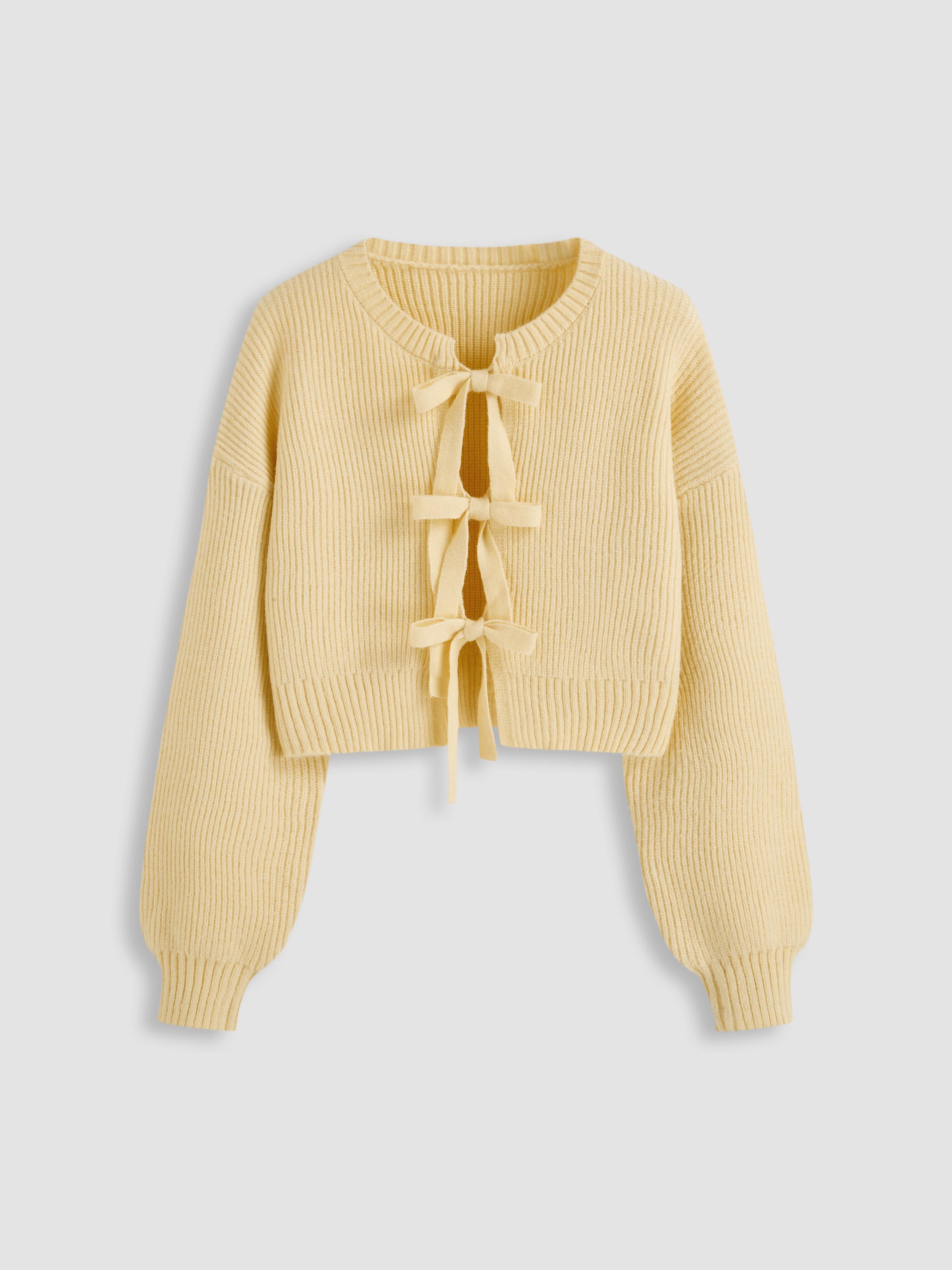 Knit Round Neck Solid Tie Front Bowknot Cardigan by CIDER
