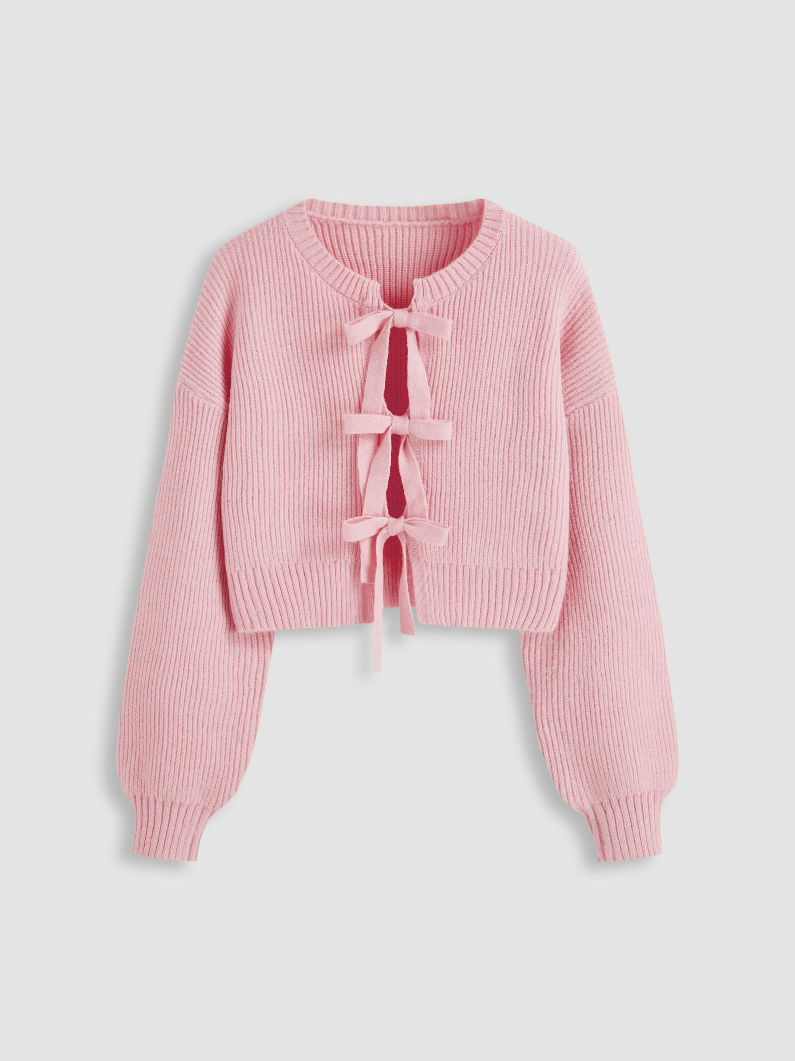 Knit Round Neck Solid Tie Front Bowknot Cardigan by CIDER