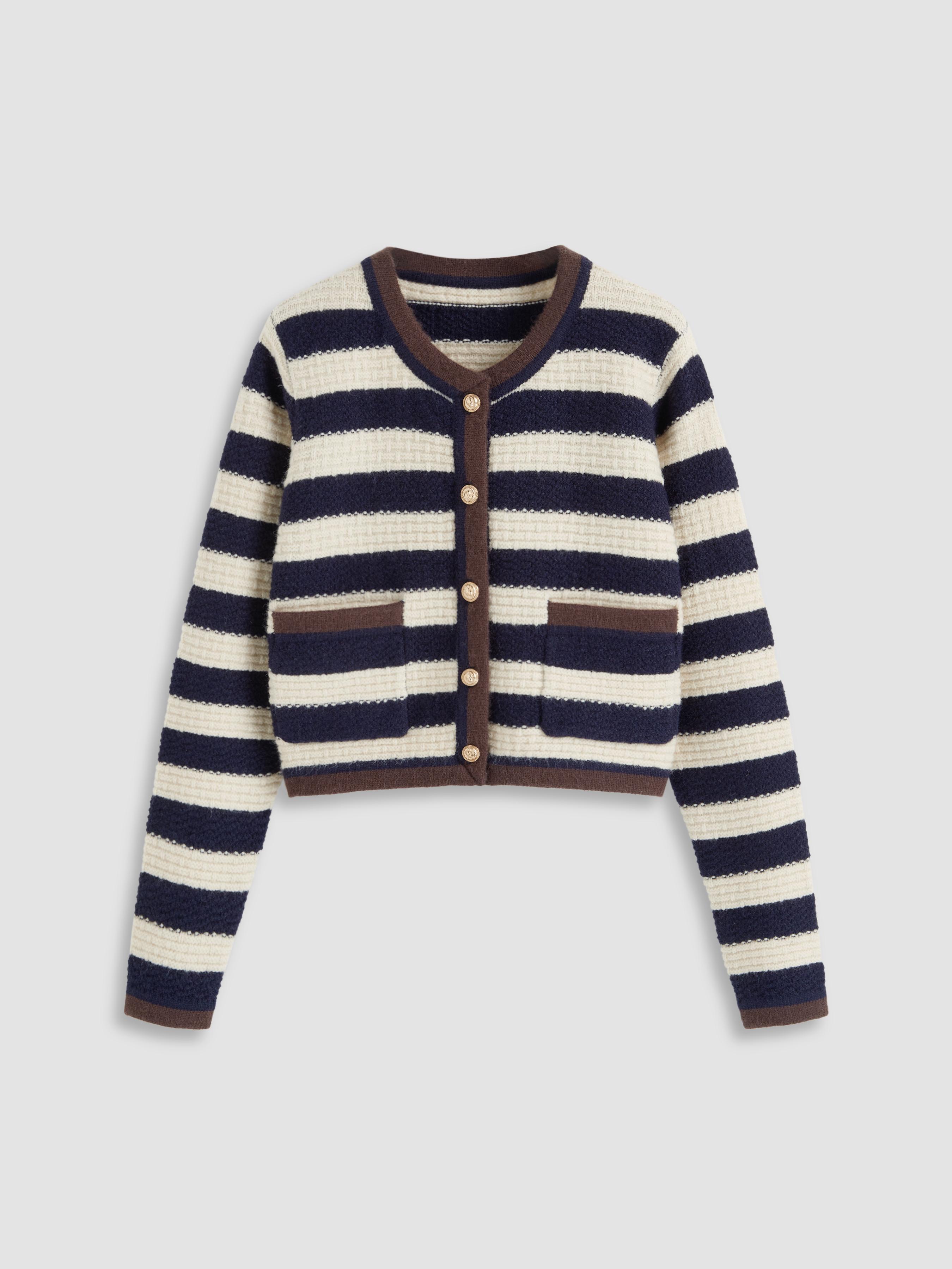 Knit Round Neck Striped Contrasting Binding Pocket Cropped Cardigan by CIDER
