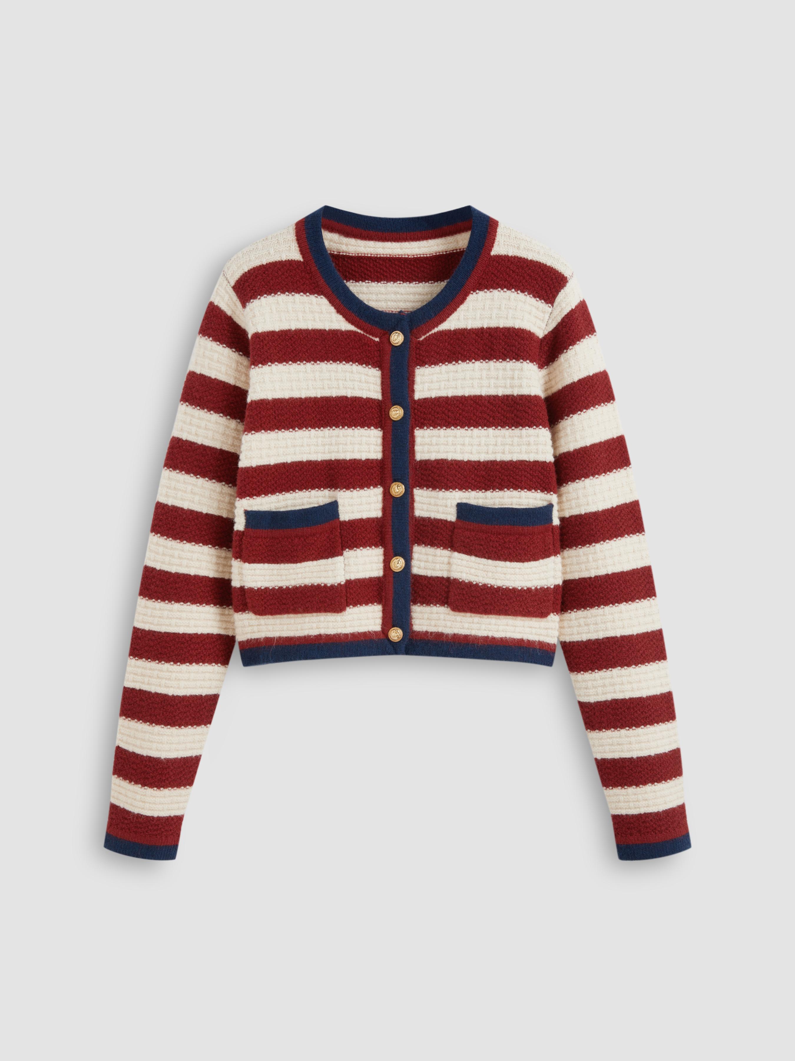 Knit Round Neck Striped Contrasting Binding Pocket Cropped Cardigan by CIDER