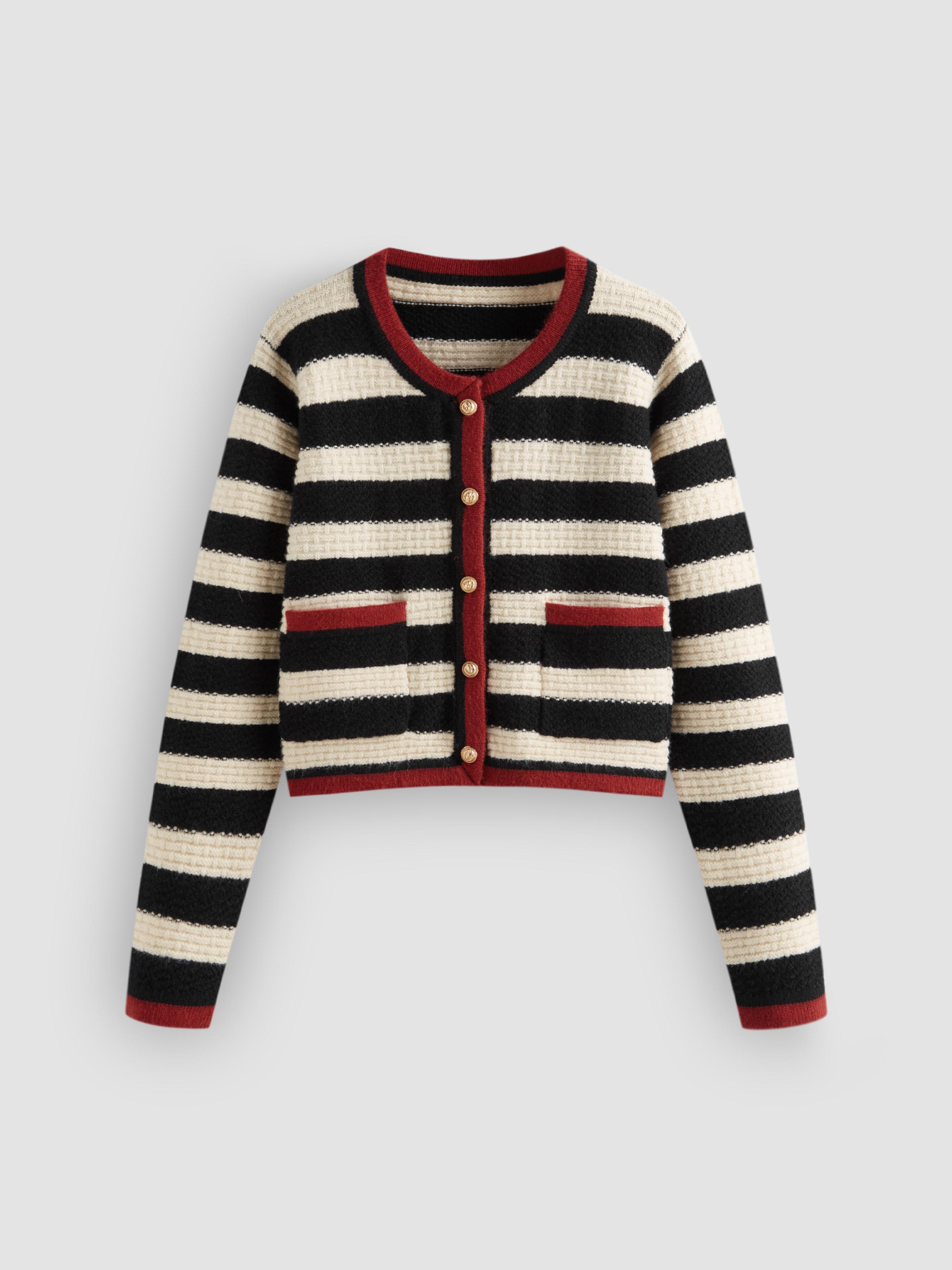 Knit Round Neck Striped Contrasting Binding Pocket Cropped Cardigan by CIDER
