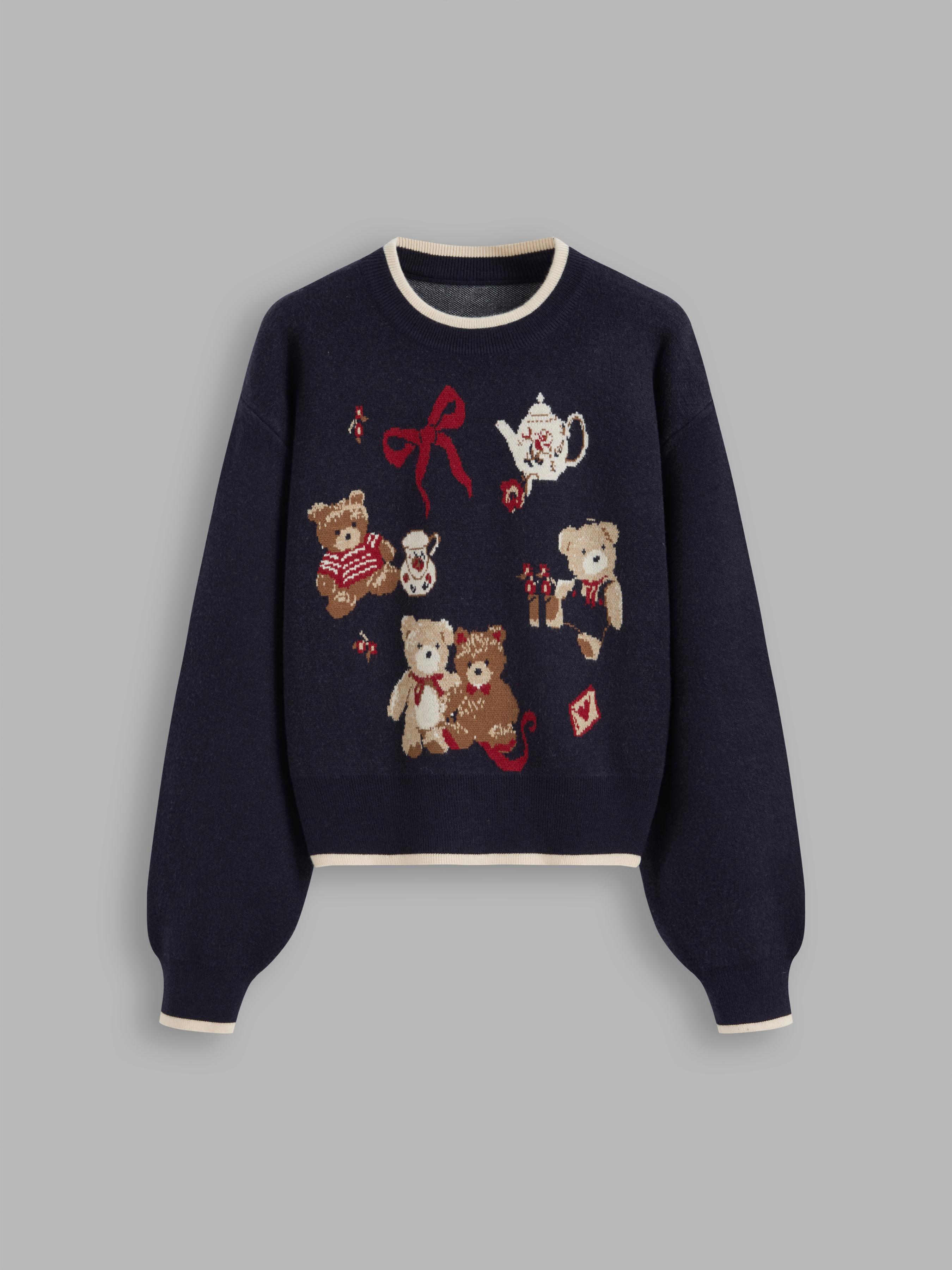 Knit Round Neckline Bear Bowknot Contrasting Binding Long Sleeve Top by CIDER