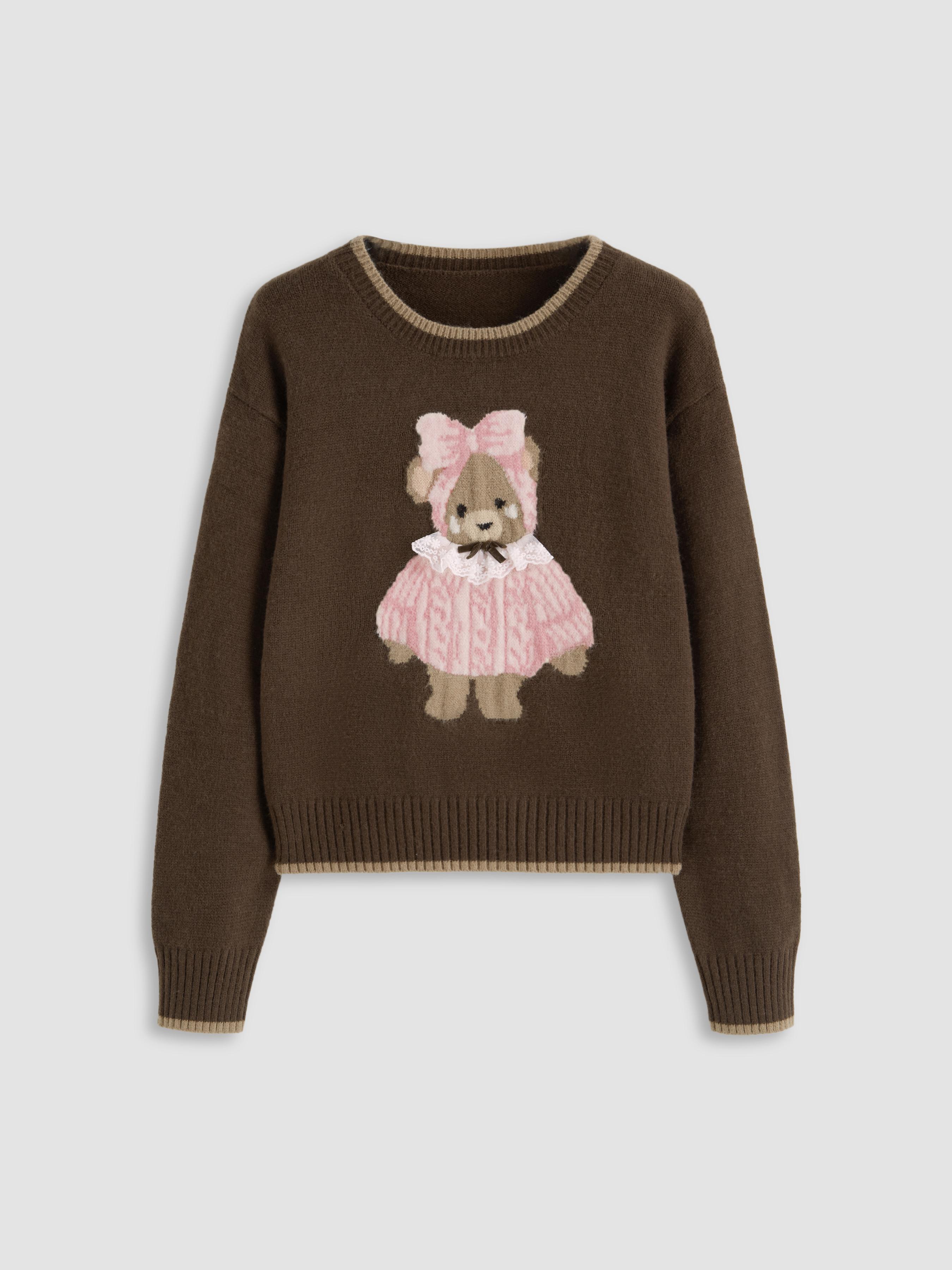 Knit Round Neckline Bear Contrasting Binding Sweater by CIDER