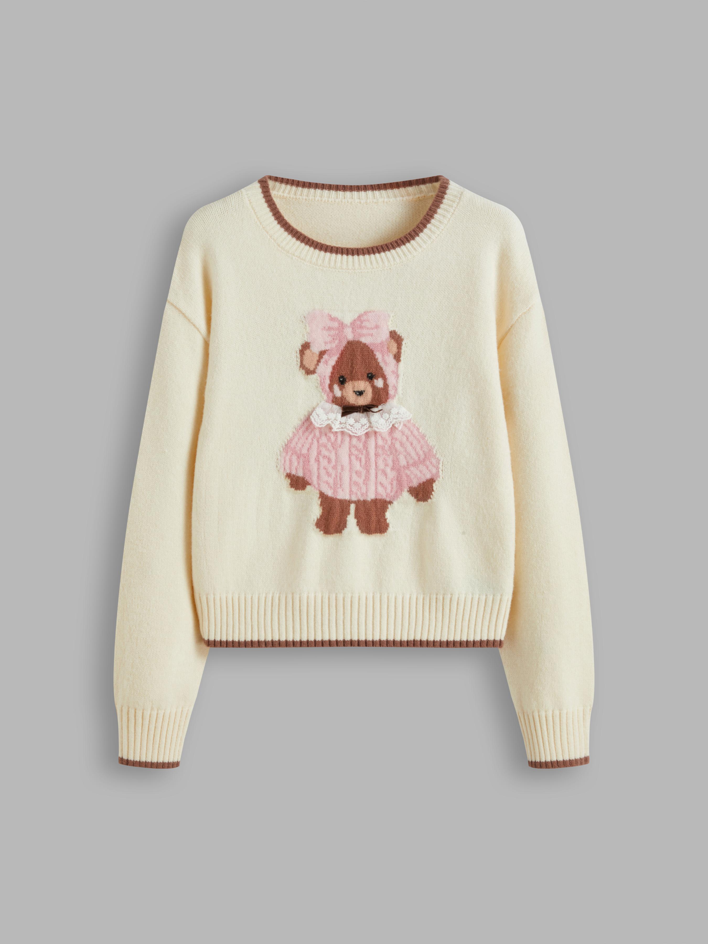 Knit Round Neckline Bear Contrasting Binding Sweater by CIDER